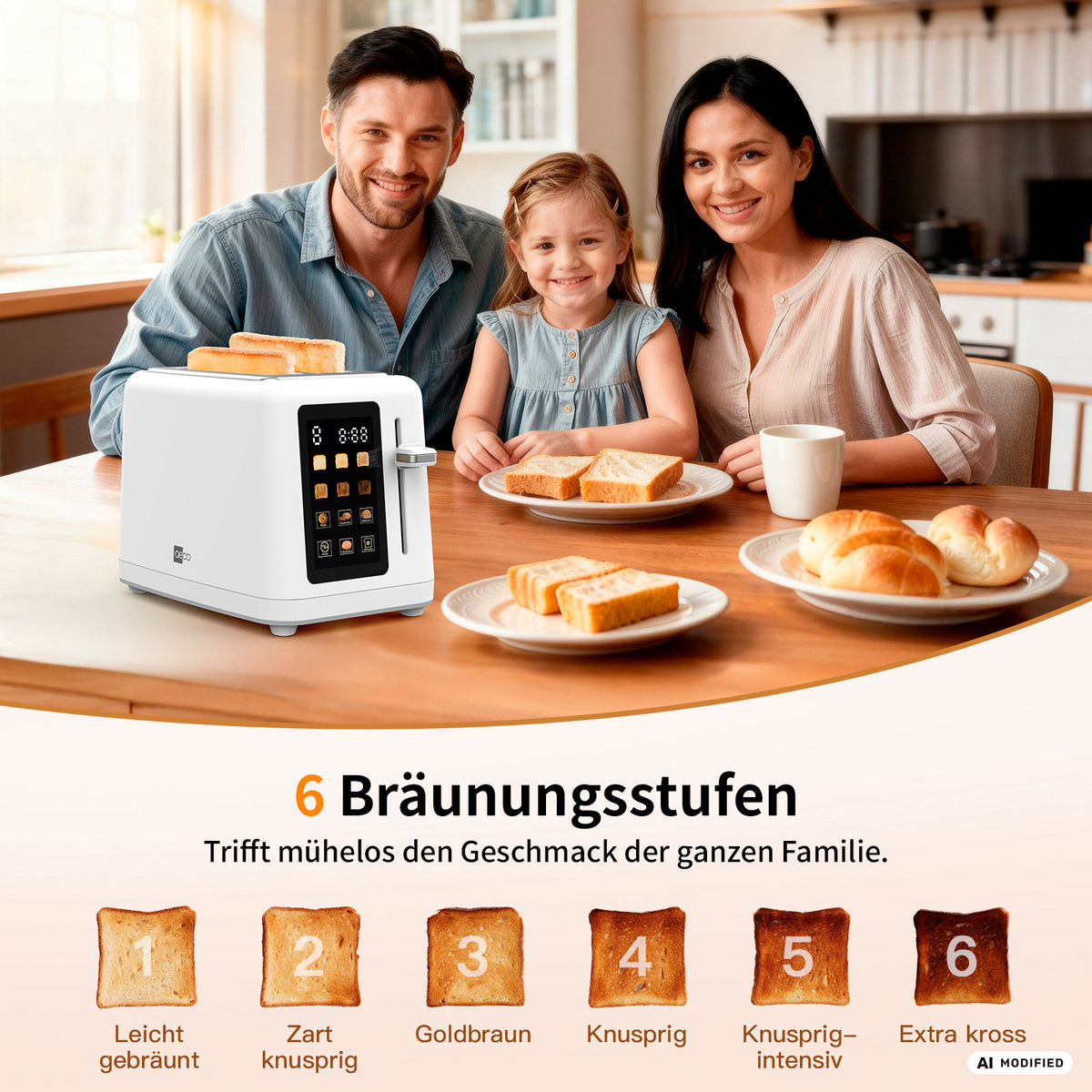 Eine Familie sitzt am Tisch und genießt ihr Frühstück. Zu sehen ist der aeco toastlab MAX Touch LED-Toaster mit seinem modernen LED-Display, auf dem verschiedene Bräunungsstufen angezeigt werden, während vor ihnen Toastscheiben von leicht gebräunt bis extra knusprig liegen.