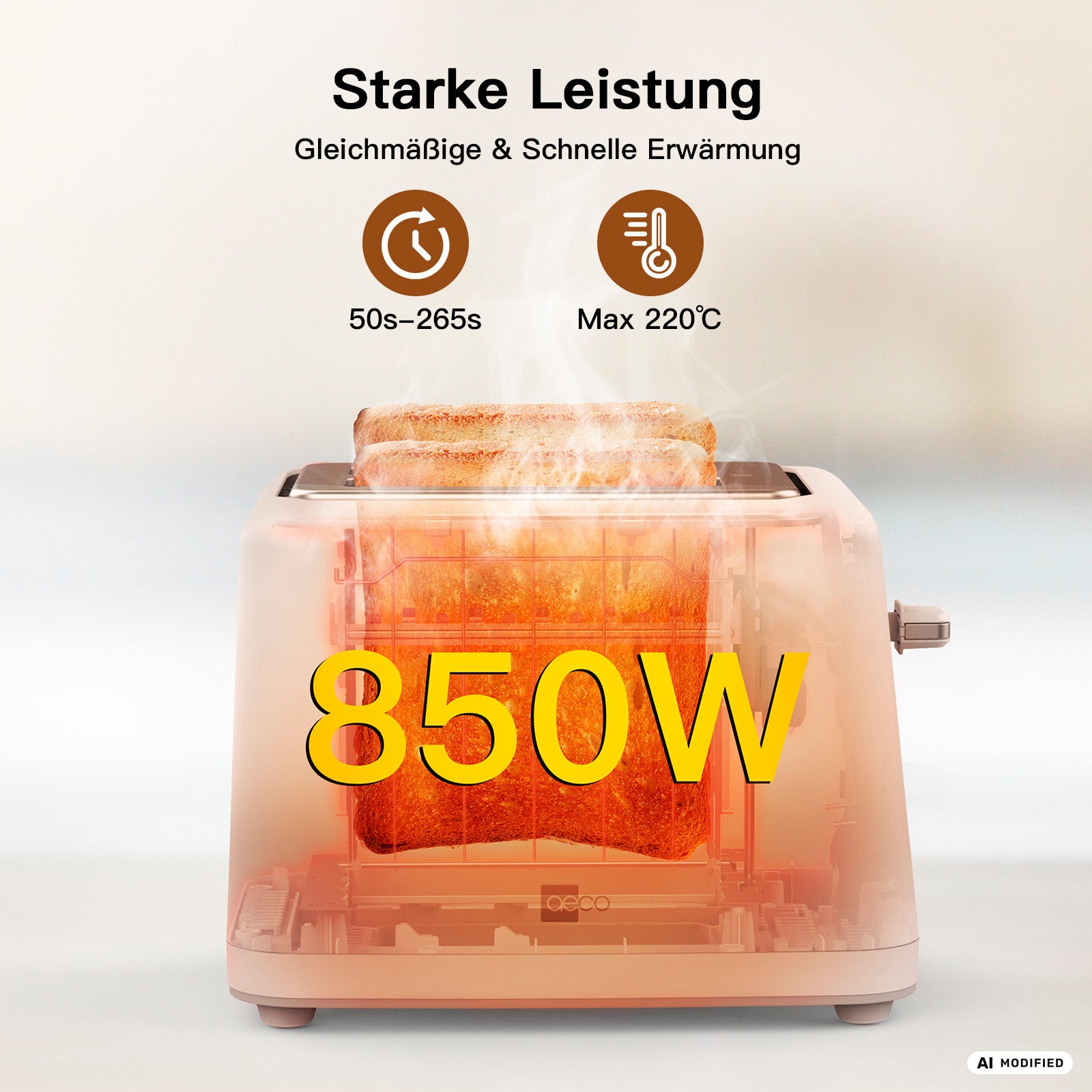 Der aeco toastlab MAX Touch LED ist ein 2-Scheiben-Toaster mit einer Nennleistung von 850 W. Sein übersichtliches LED-Display zeigt die einstellbaren Bräunungsstufen und die Zeit an und ermöglicht so ein gleichmäßiges, schnelles Erhitzen in 50 bis 265 Sekunden bei einer Höchsttemperatur von 220 °C.