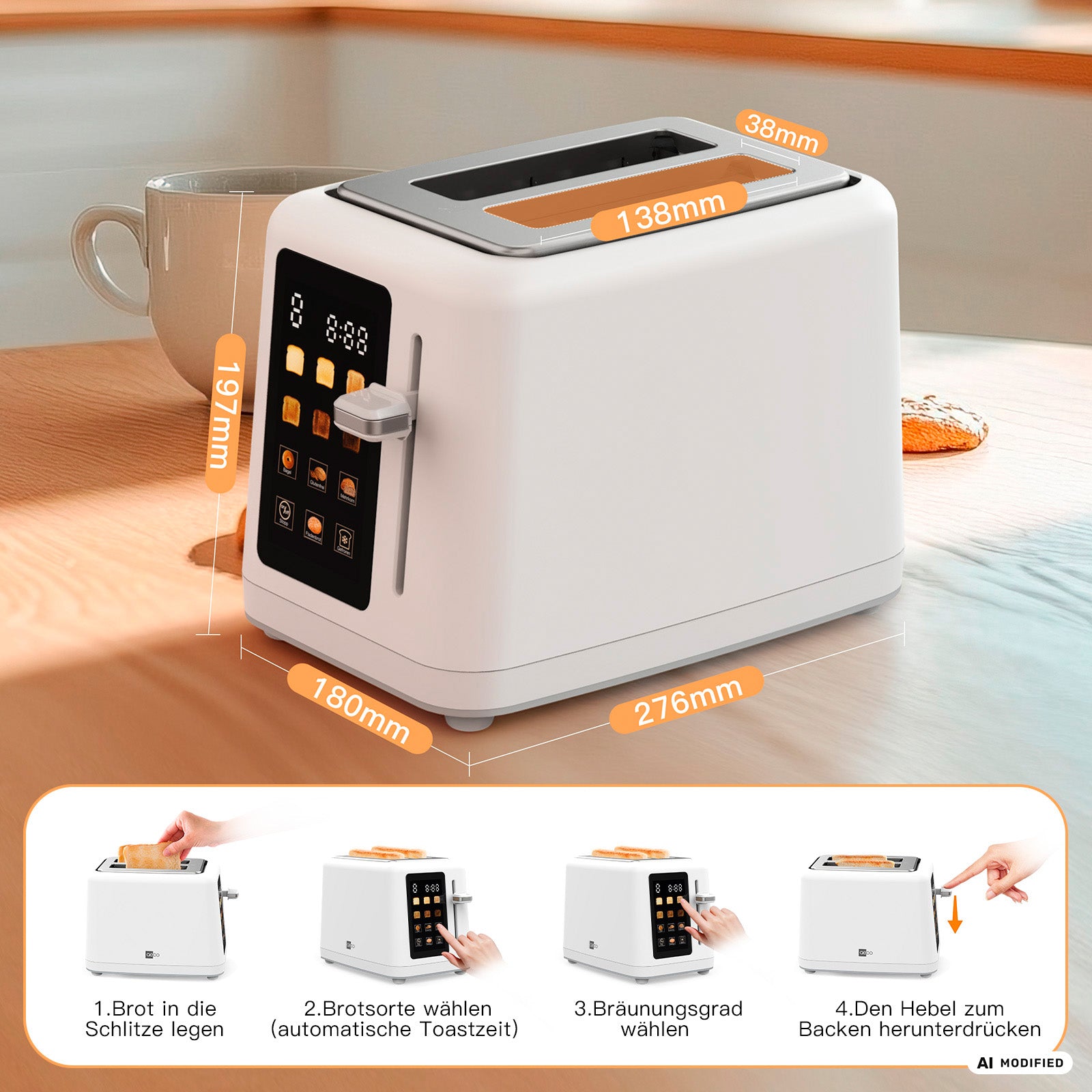 Aeco toastlab MAX Touch LED-Toaster in Weiß mit orangefarbenen Akzenten, ausgestattet mit einem LED-Display und deutlich gekennzeichneten Abmessungen; die Bedienungsanleitung finden Sie weiter unten in vier illustrierten Schritten mit deutschem Text, wobei die leicht einstellbaren Bräunungsstufen hervorgehoben sind.