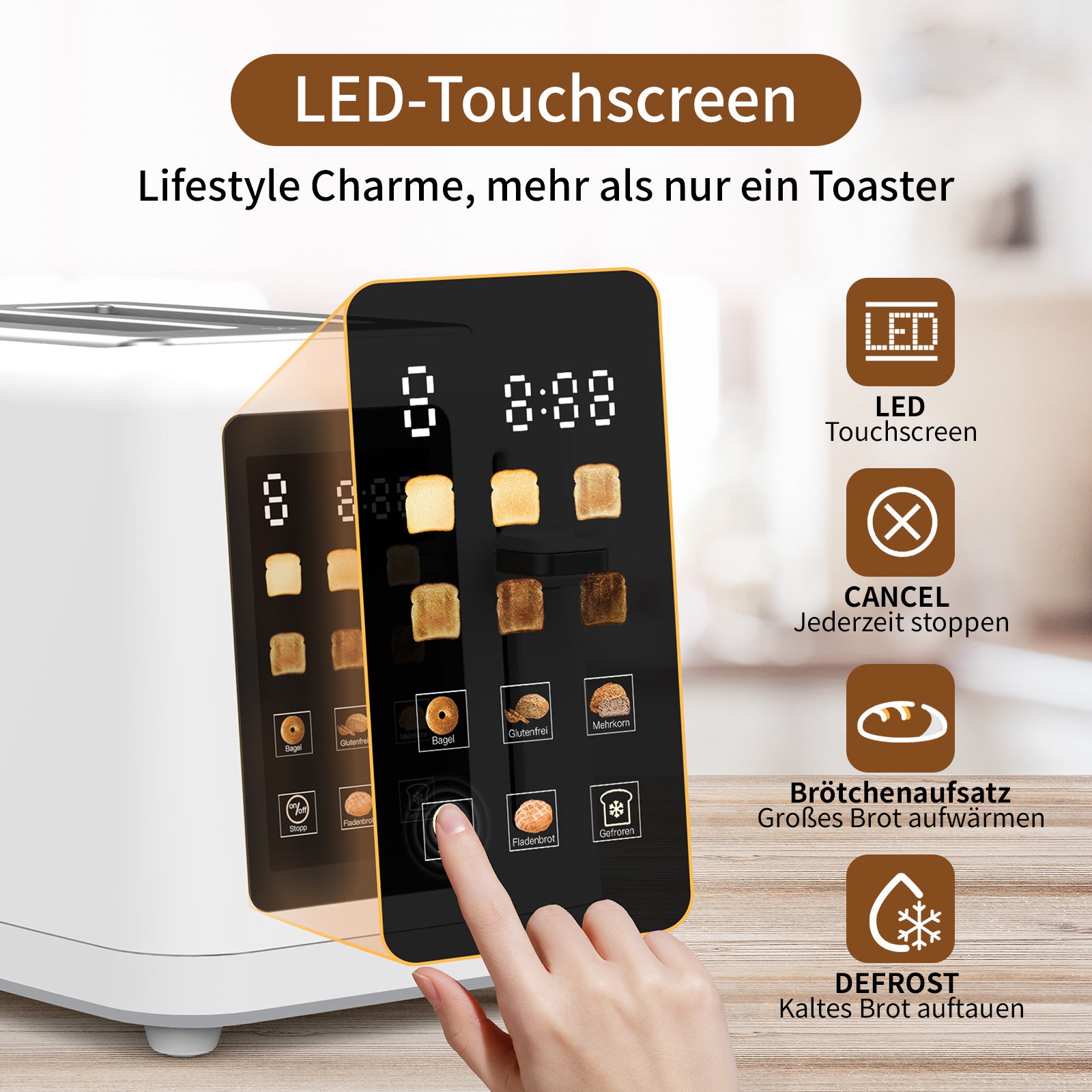 Eine Hand bedient das LED-Display des aeco toastlab MAX Touch LED-Toasters mit mehreren Einstellungen, einschließlich einer Auftaufunktion; Icons und deutscher Text heben seine Funktionen hervor.