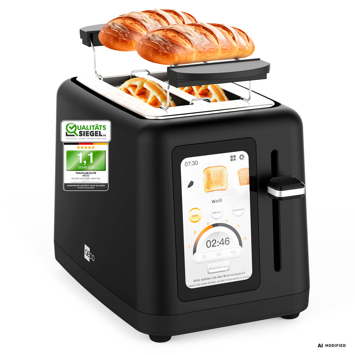Der aeco toastlab ELITE Touch ist ein moderner schwarzer Toaster mit einem LCD-Touchdisplay, der vier Scheiben Brot toasten kann und über 10 voreingestellte Programme verfügt, die jedes Mal für perfekte Ergebnisse sorgen. Auf der Vorderseite des Toasters ist ein Qualitätssiegel zu sehen.