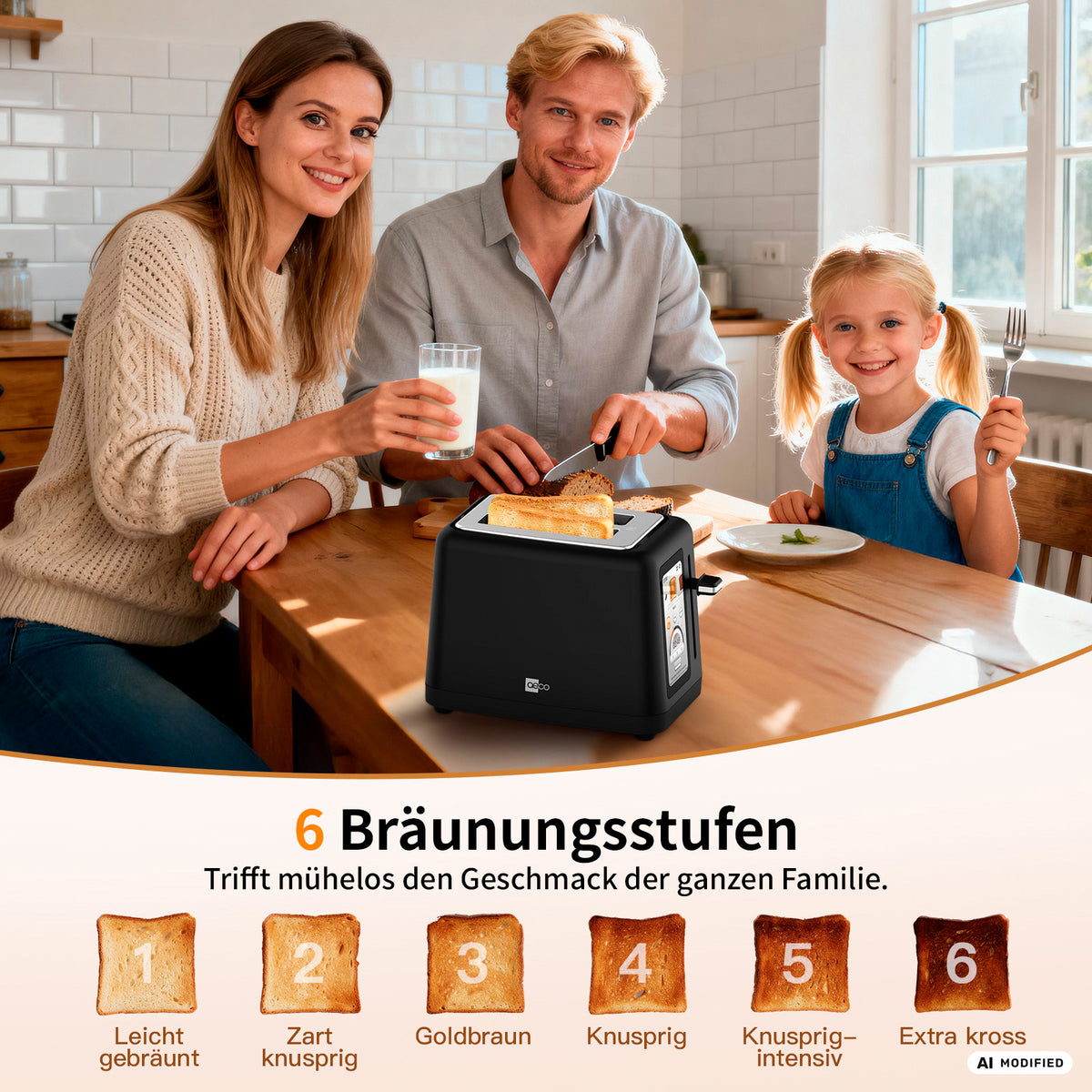 Eine Frau, ein Mann und ein Kind genießen ihr Frühstück am Küchentisch und nutzen dabei den aeco toastlab ELITE Touch – einen eleganten schwarzen Toaster mit einem intuitiven LCD-Touchdisplay. Unter ihnen zeigt eine Skala sechs Bräunungsstufen an, von hell bis extra knusprig, die auf Deutsch beschriftet sind und perfekt durch die 10 voreingestellten Programme des Toasters ergänzt werden, die jeden Morgen für individuell angepasstes Toasten sorgen.