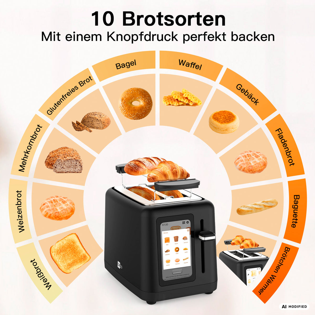 In der Mitte steht ein eleganter schwarzer aeco toastlab ELITE Touch-Toaster mit LCD-Touchdisplay, umgeben von Abbildungen von zehn verschiedenen Brot- und Gebäckarten – jede davon mit einer deutschen Beschriftung, um die 10 voreingestellten Programme zu veranschaulichen.