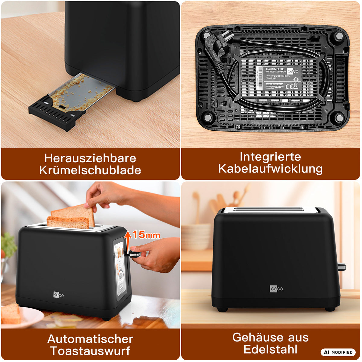 Vierteilige Bilderserie, die die Funktionen des Toastlab ELITE Touch-Toasters hervorhebt: herausnehmbare Krümelfangschale, integrierte Kabelaufwicklung, 15 mm Toast-Hebevorrichtung und robustes Edelstahlgehäuse. Der aeco-Toaster bietet zudem 10 voreingestellte Programme und ein modernes LCD-Touch-Display für eine mühelose Bedienung.