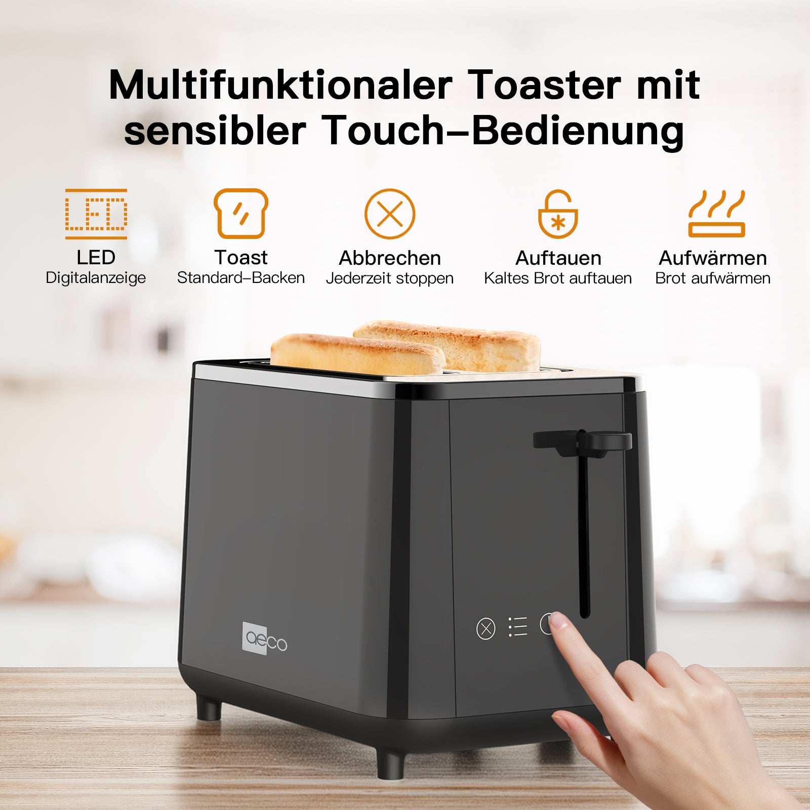 Der aeco toastlab PRO ToasterTouch Display ist ein schwarzer Multifunktionstoaster mit zwei Brotscheiben, einem Touch-Bedienfeld und deutsch beschrifteten Funktionen.