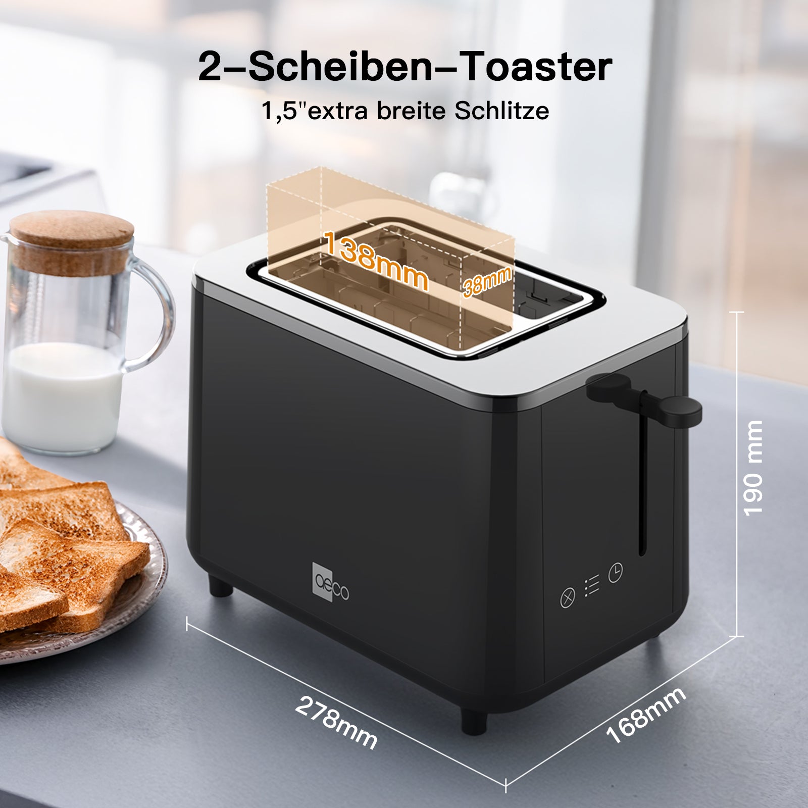 Der aeco toastlab PRO ToasterTouch Display ist ein schwarzer Zwei-Scheiben-Toaster mit extrabreiten 38-mm-Schlitzen und den Maßen 278 mm x 168 mm x 190 mm, hier neben Milch und Toast.