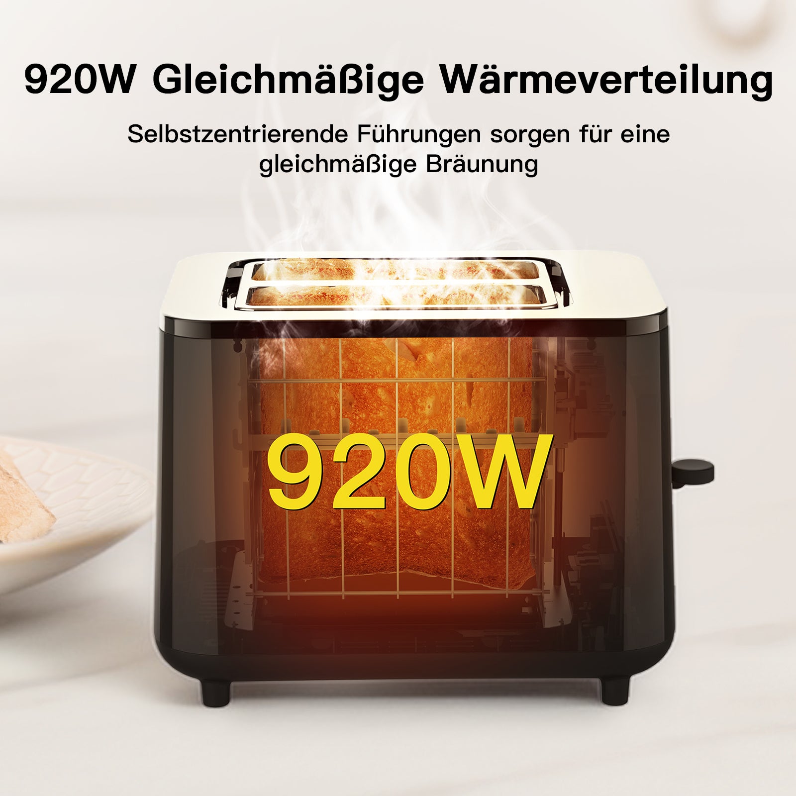 Der aeco toastlab PRO ToasterTouch Display, hier in Schwarz mit Brot im Inneren und aufsteigendem Dampf, verfügt über eine Leistung von 920 Watt und einen deutschen Text, der die gleichmäßige Wärmeverteilung über und auf dem Toaster hervorhebt.