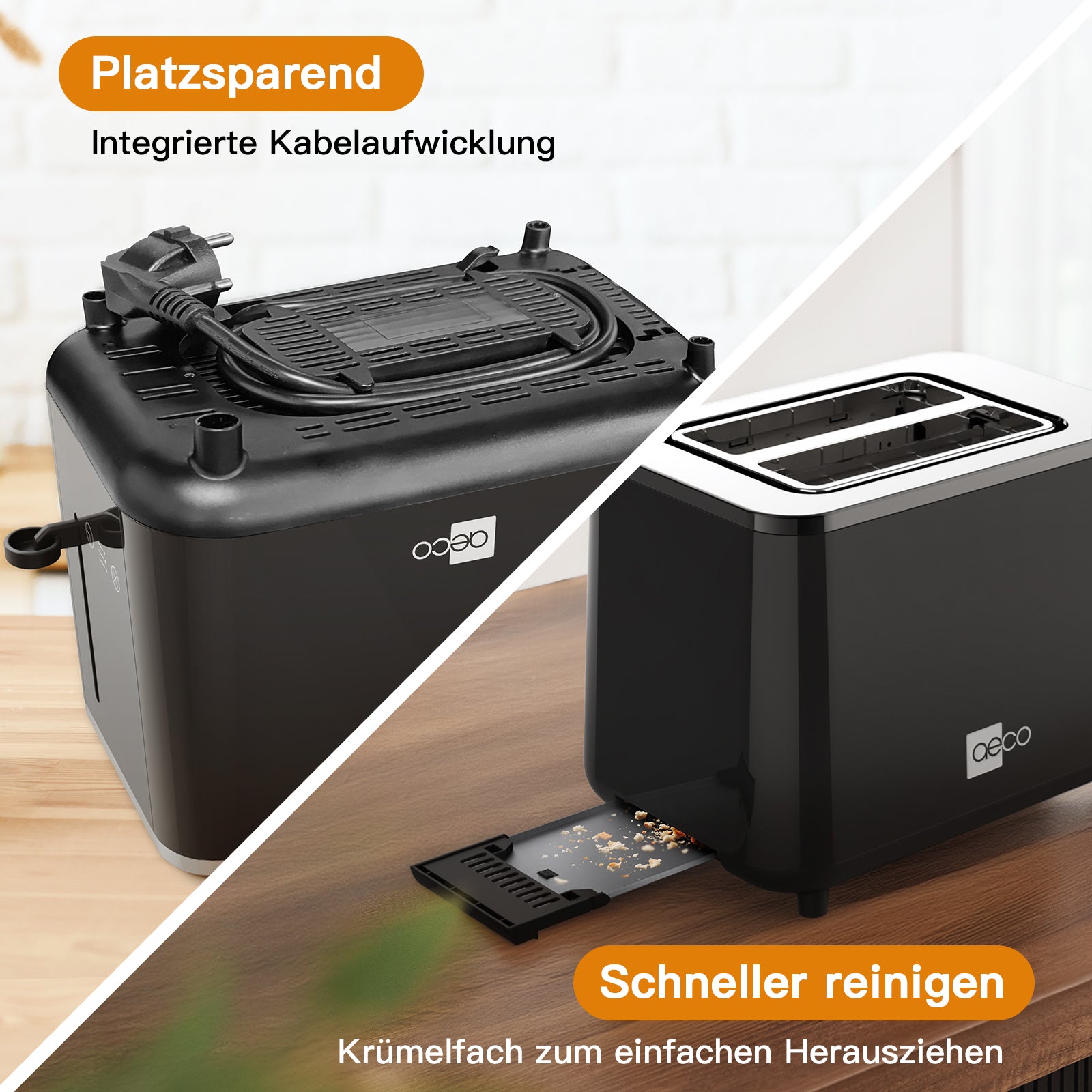 Auf der einen Seite ist das schwarze aeco toastlab PRO ToasterTouch Display mit großen Einschüben zu sehen, auf der anderen Seite wird eine herausnehmbare Krümelschublade zur Reinigung herausgezogen. Eine integrierte Kabelaufwicklung sorgt für Ordnung in der Aufbewahrung.
