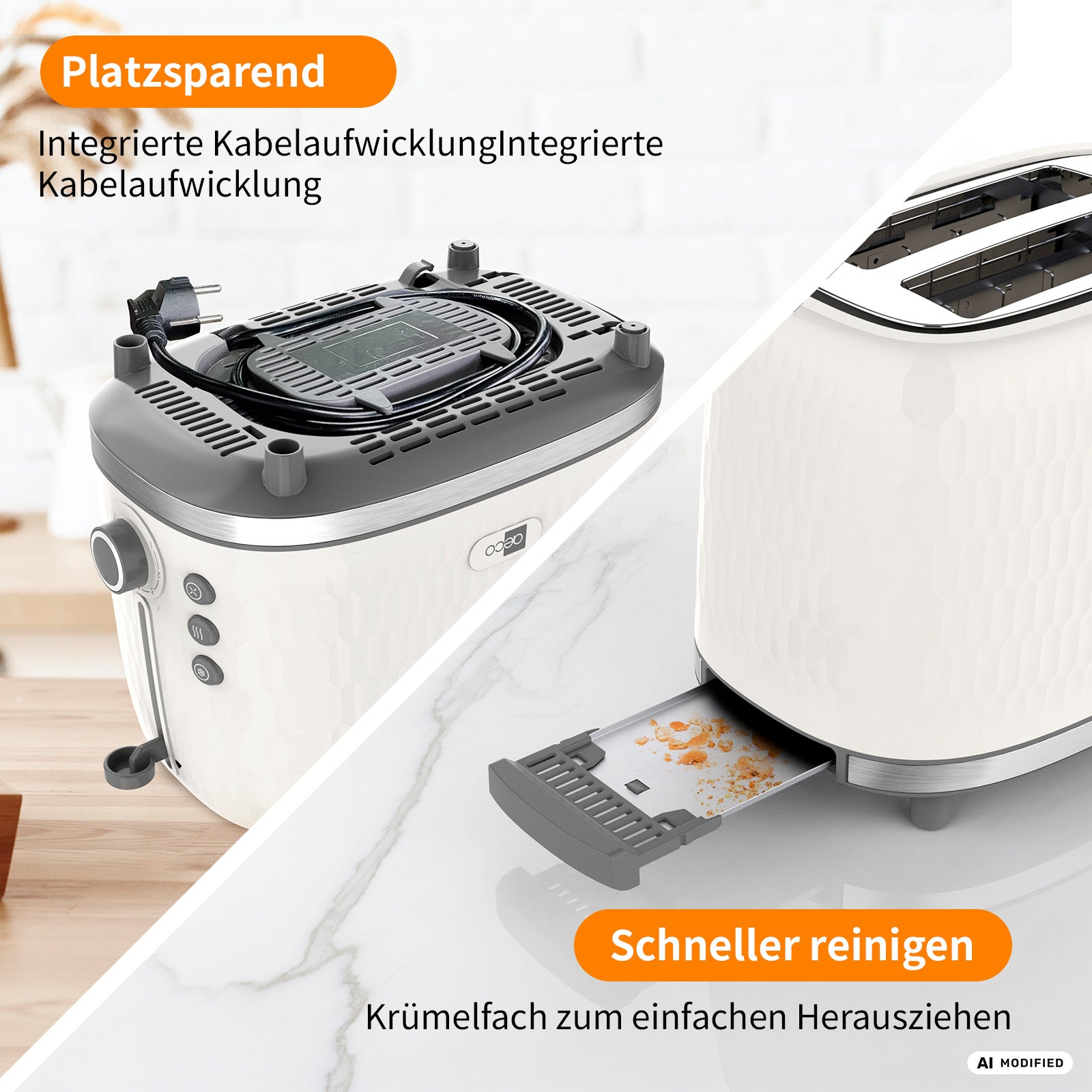 Der aeco toastlab ONE Toaster von aeco ist in Weiß gehalten und verfügt über eine praktische Kabelaufwicklung sowie eine herausnehmbare Krümelfangschale für eine mühelose Reinigung. Der deutsche Text hebt die 7 Bräunungsstufen und die großen Toastschlitze hervor, die jedes Mal für perfekt gebräunten Toast sorgen.