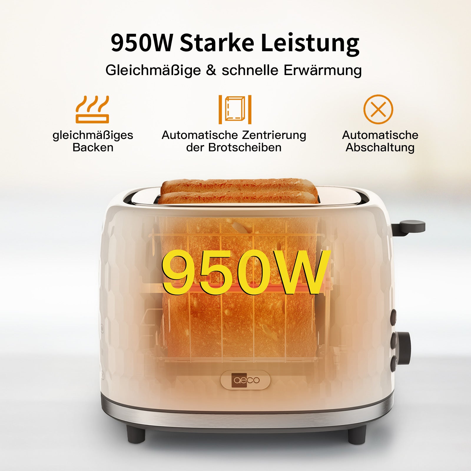 Der Toaster aeco toastlab ONE MT-RW2L22W verfügt über eine Leistung von 950 W, gleichmäßige Erhitzung, automatische Brotzentrierung und automatische Abschaltung. Abgebildet in Silber mit zwei Scheiben Brot im Inneren.