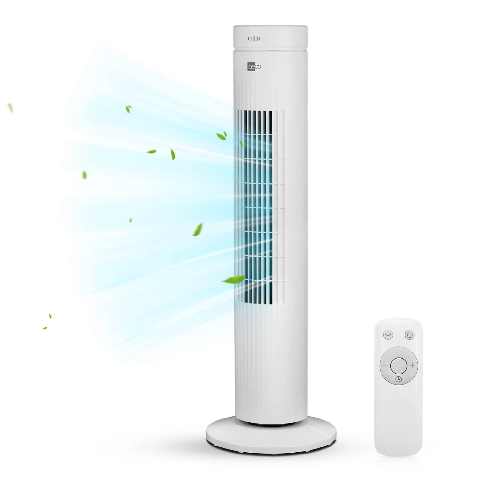 Der aeco AirX SPIN Turmventilator mit Fernbedienung & Timer ist auf einem sauberen weißen Hintergrund abgebildet und bläst Luft mit grünen Blättern, neben seiner passenden Fernbedienung.