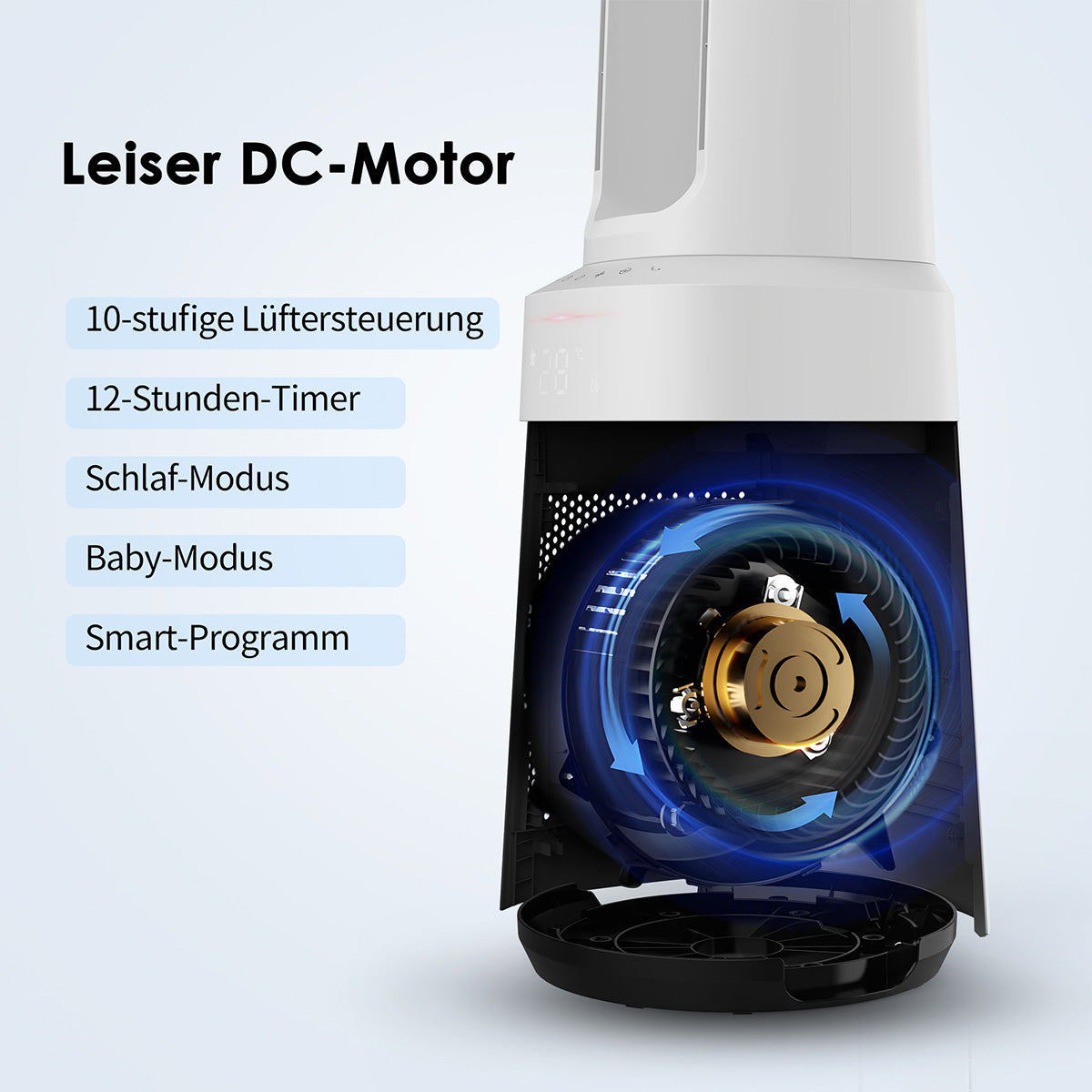 Diagramm des aeco AirX Guard 2in1-Ventilator & Luftreiniger mit HEPA-Filter - zeigt den internen DC-Motor; mit 10-Stufen-Regelung, 12-Stunden-Timer, Schlaf-/Baby-Modus, HEPA-13-Filter (ideal für Allergiker) und intelligentem Reinigungsprogramm.