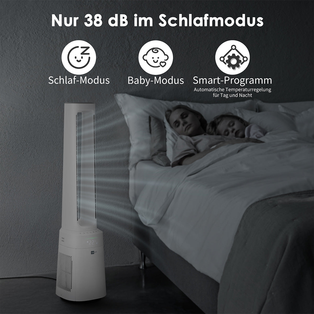 Der aeco AirX Guard 2in1 - Ventilator & Luftreiniger mit HEPA Filter läuft leise neben schlafendem Erwachsenen und Kind; Icons und deutscher Text zeigen Schlaf-, Baby- und Smart-Modus - ideal für Allergiker.