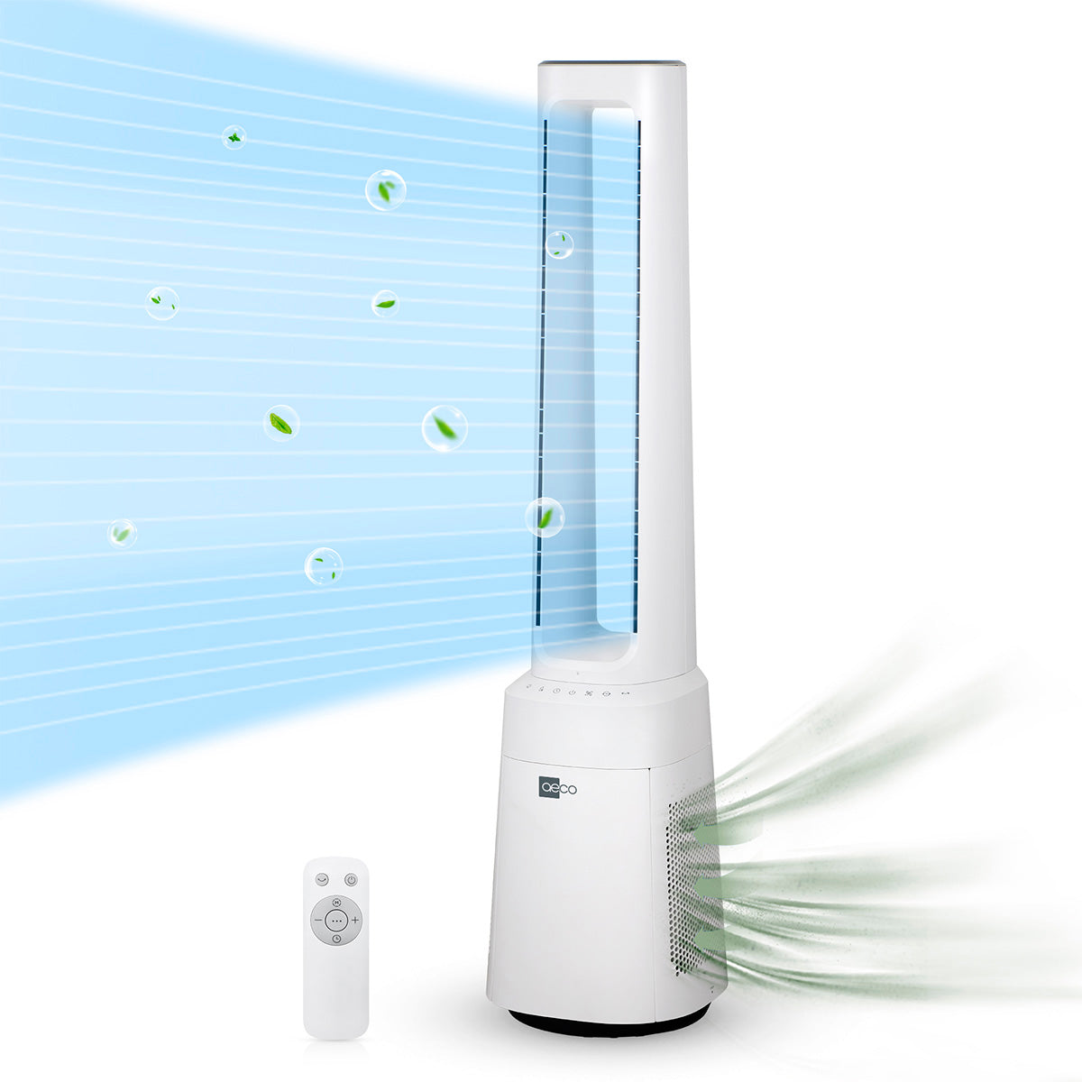 Der aeco AirX Guard 2in1 Ventilator & Luftreiniger mit HEPA-Filter gibt kühle, saubere Luft mit grünen und blauen Mustern ab, enthält eine Fernbedienung und ist ideal als Luftreiniger für Allergiker.