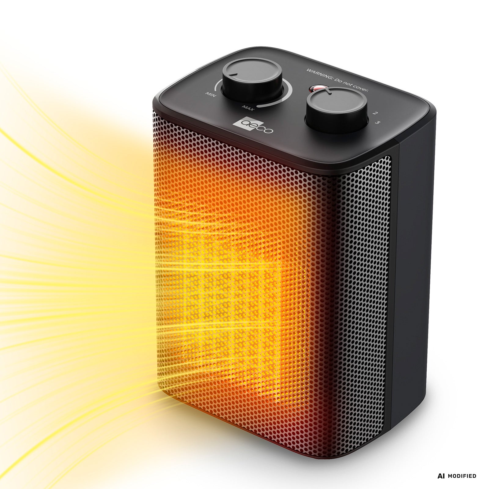 Der aeco EcoHeat One ist ein schwarzer, tragbarer Heizstrahler, der warme Luft abgibt, was durch gelbe und orangefarbene Lichteffekte verdeutlicht wird, und über zwei Drehregler an der Oberseite verfügt, mit denen sich die Heizleistung und die Gebläsestufen individuell einstellen lassen.