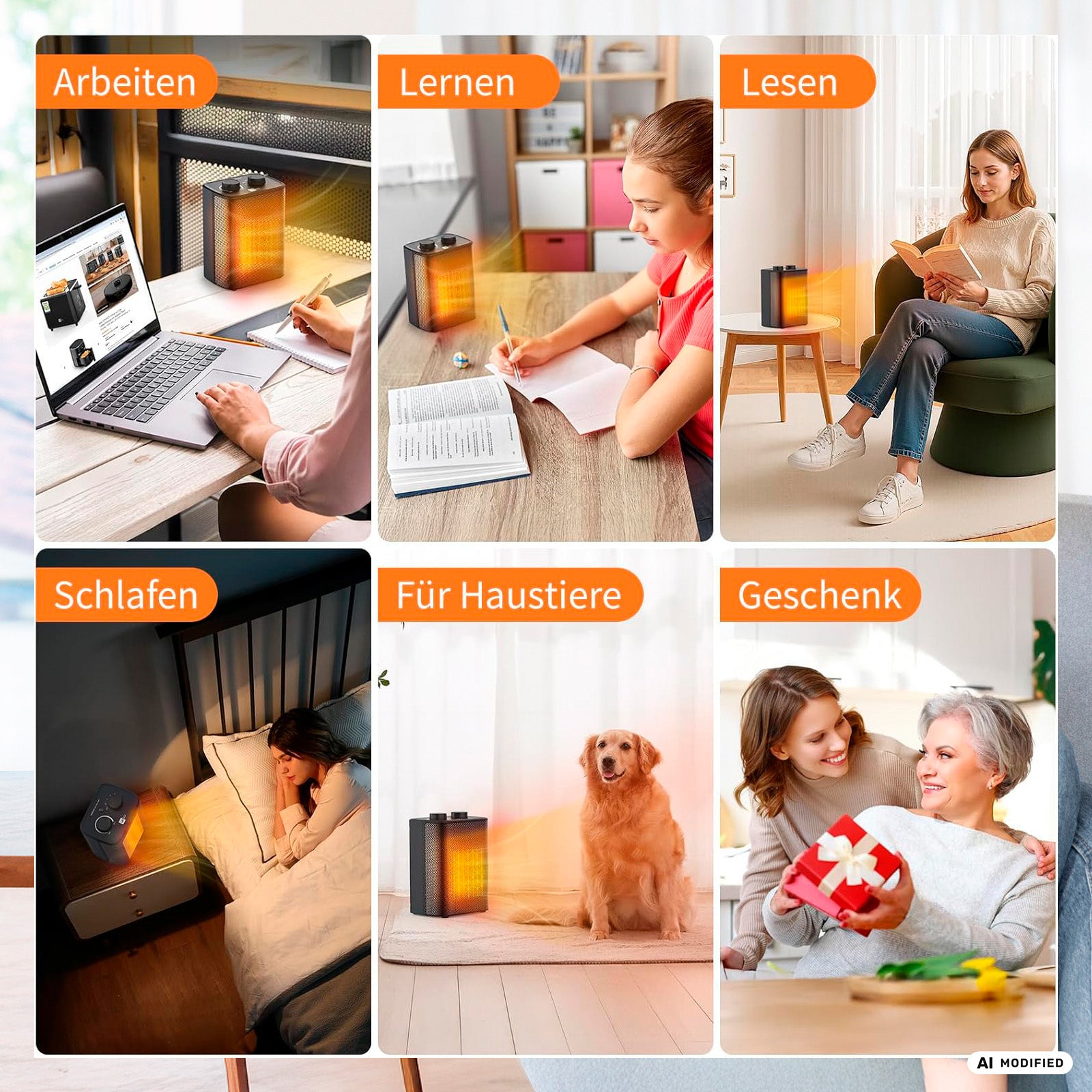 Collage mit dem aeco EcoHeat One, einem kompakten Heizgerät mit Gebläsefunktion und verschiedenen Heizstufen, das beim Arbeiten, Lernen, Lesen, Schlafen, für Haustiere, als Geschenk sowie zusammen mit Menschen und einem Hund in verschiedenen Wohnumgebungen gezeigt wird.