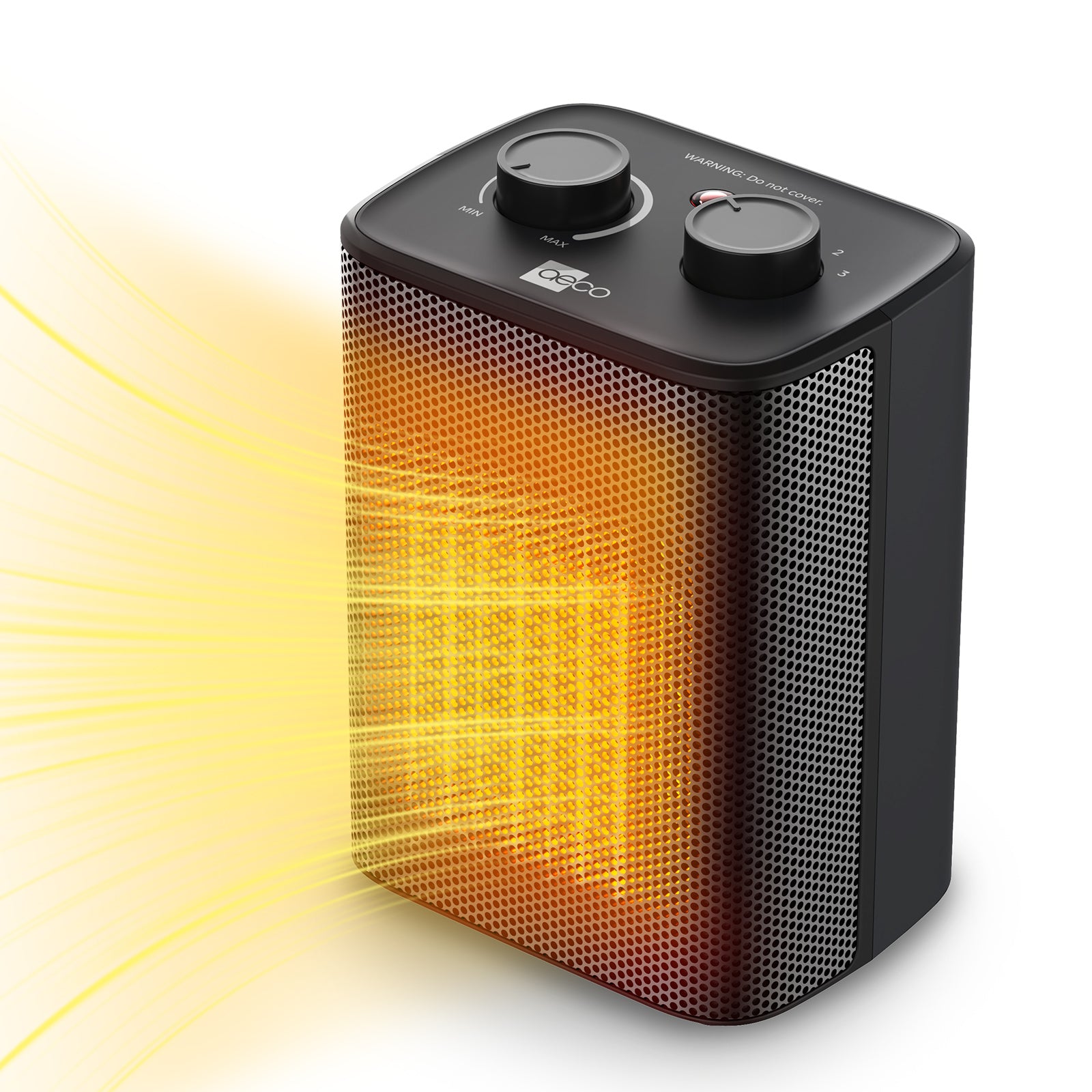 Der aeco EcoHeat One ist ein schwarzer, tragbarer elektrischer Heizstrahler mit zwei Einstellknöpfen auf der Oberseite und einem sichtbaren, orange leuchtenden Heizelement hinter dem Frontgitter, das warme Luft abgibt.