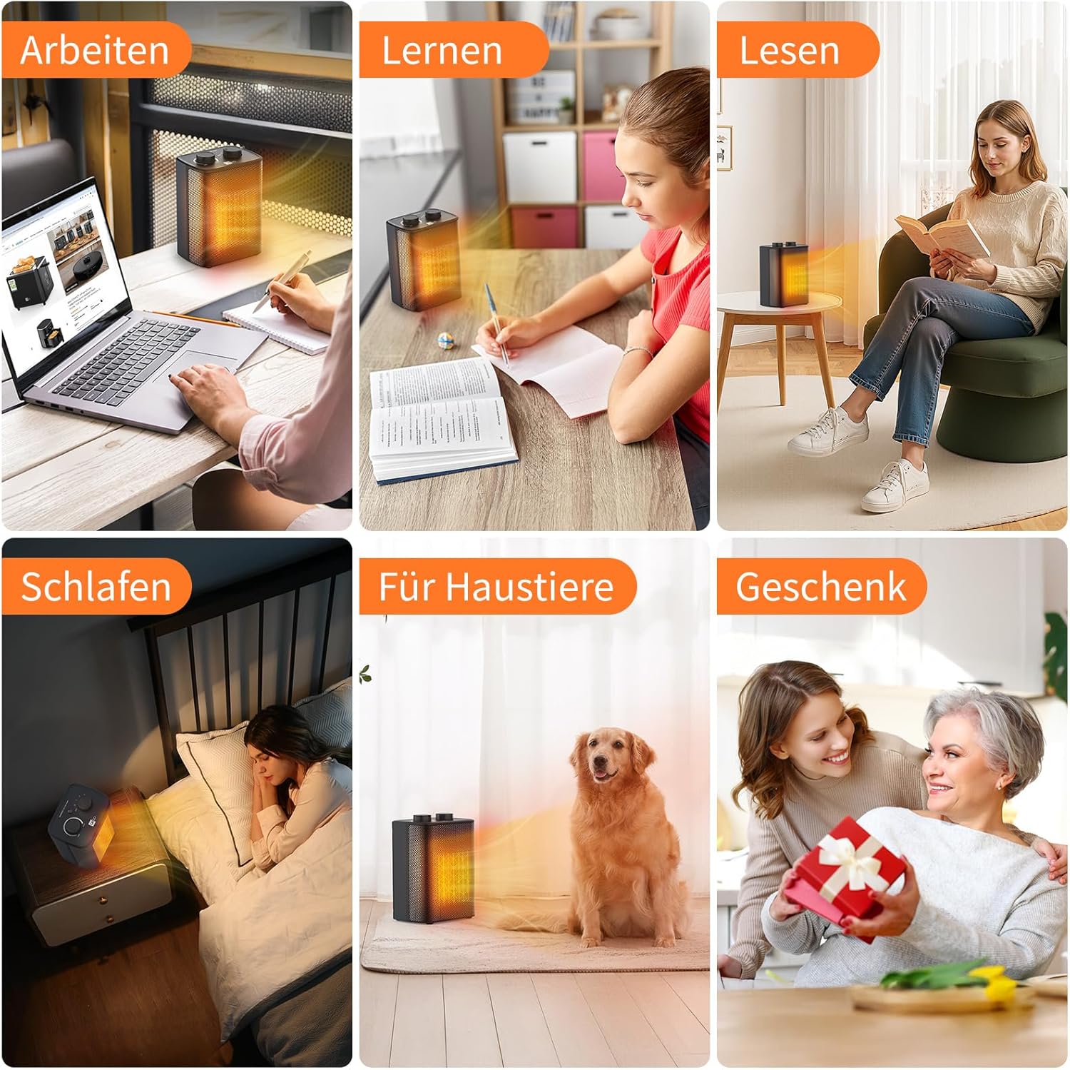 Eine Collage der aeco EcoHeat One bei der Arbeit, beim Lernen, beim Lesen, beim Schlafen, mit einem Haustier und als Geschenk - jede Szene ist in deutscher Sprache beschriftet, um die flexiblen Heizstufen hervorzuheben.