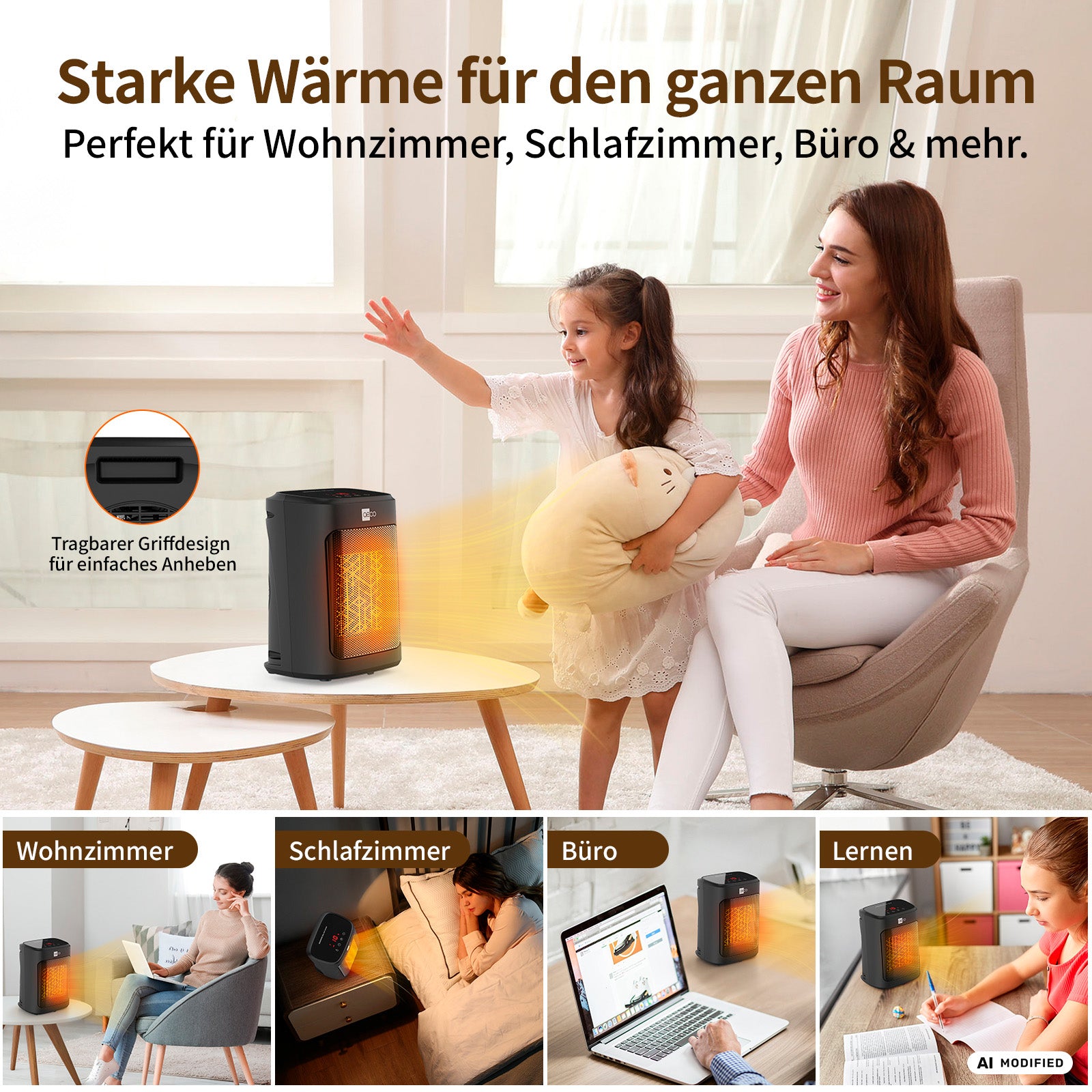 Eine Frau und ein Kind sitzen in einem gemütlichen Wohnzimmer neben einem tragbaren aeco EcoHeat Core-Heizgerät. Die folgenden Bilder zeigen den EcoHeat Core mit Keramikheizelement im Einsatz in einem Schlafzimmer, einem Büro und einem Arbeitsbereich. Der deutsche Text hebt die Heizfunktionen sowie den Überhitzungsschutz für zusätzliche Sicherheit hervor.