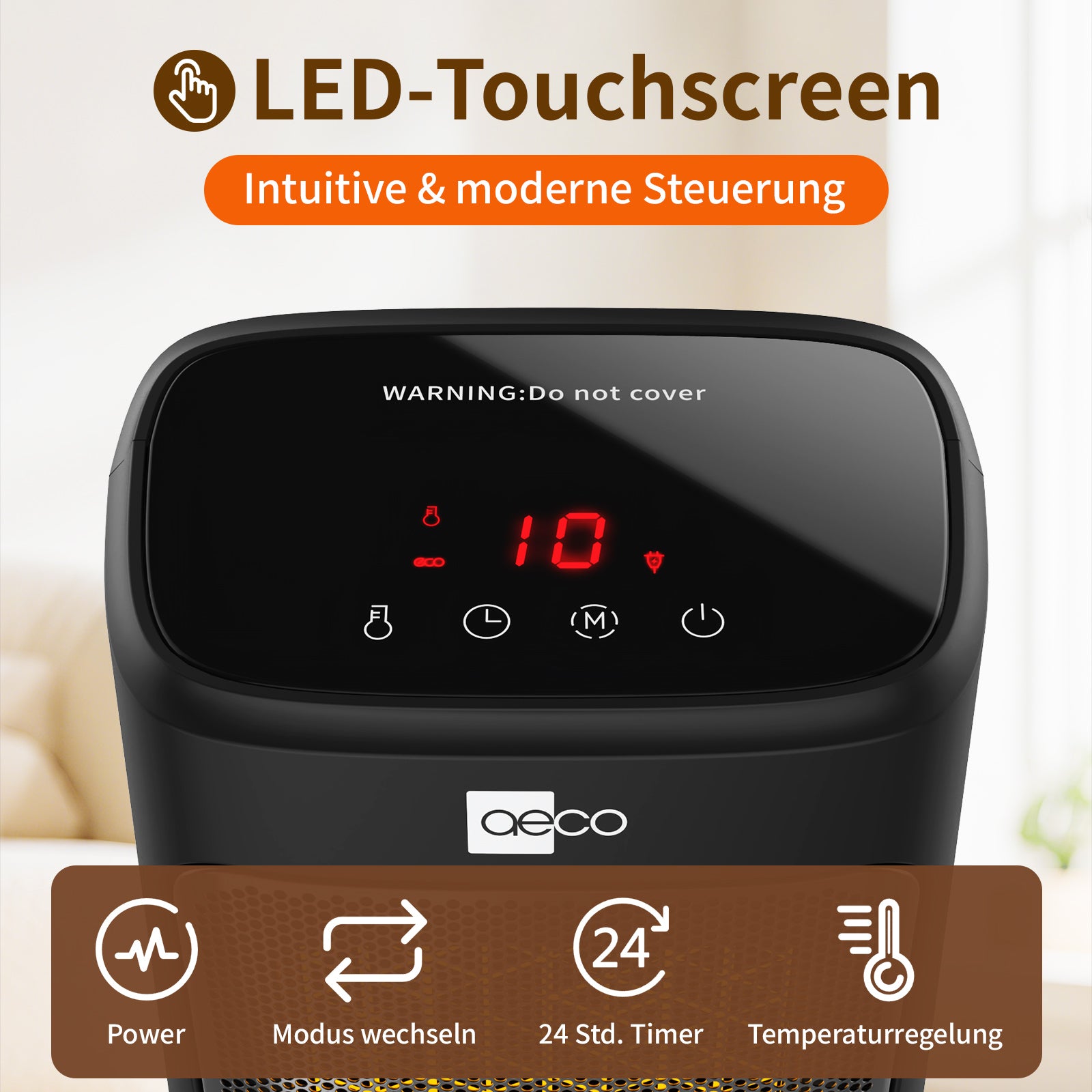 Die aeco EcoHeat Core ist ein schwarzes elektronisches Gerät mit einem LED-Touchscreen, auf dem "10" und Symbole angezeigt werden. Deutsche Beschriftungen zeigen Funktionen wie Leistung, Timer und Temperaturregelung an.