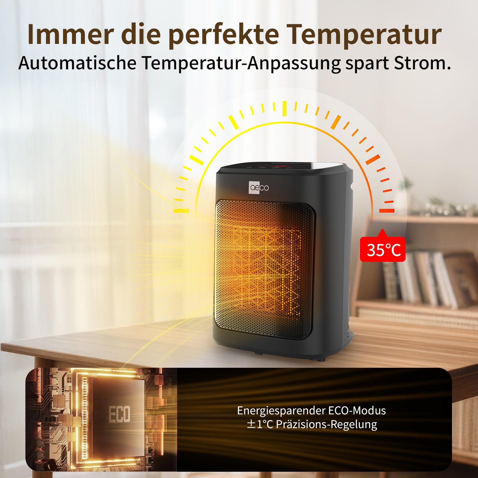 Der aeco EcoHeat Core, ein schwarzer Elektroheizer auf einem Tisch, zeigt 35°C an und verfügt über eine automatische Temperaturanpassung, einen energiesparenden ECO-Modus und eine präzise Temperaturregelung, wie im deutschen Text beschrieben.