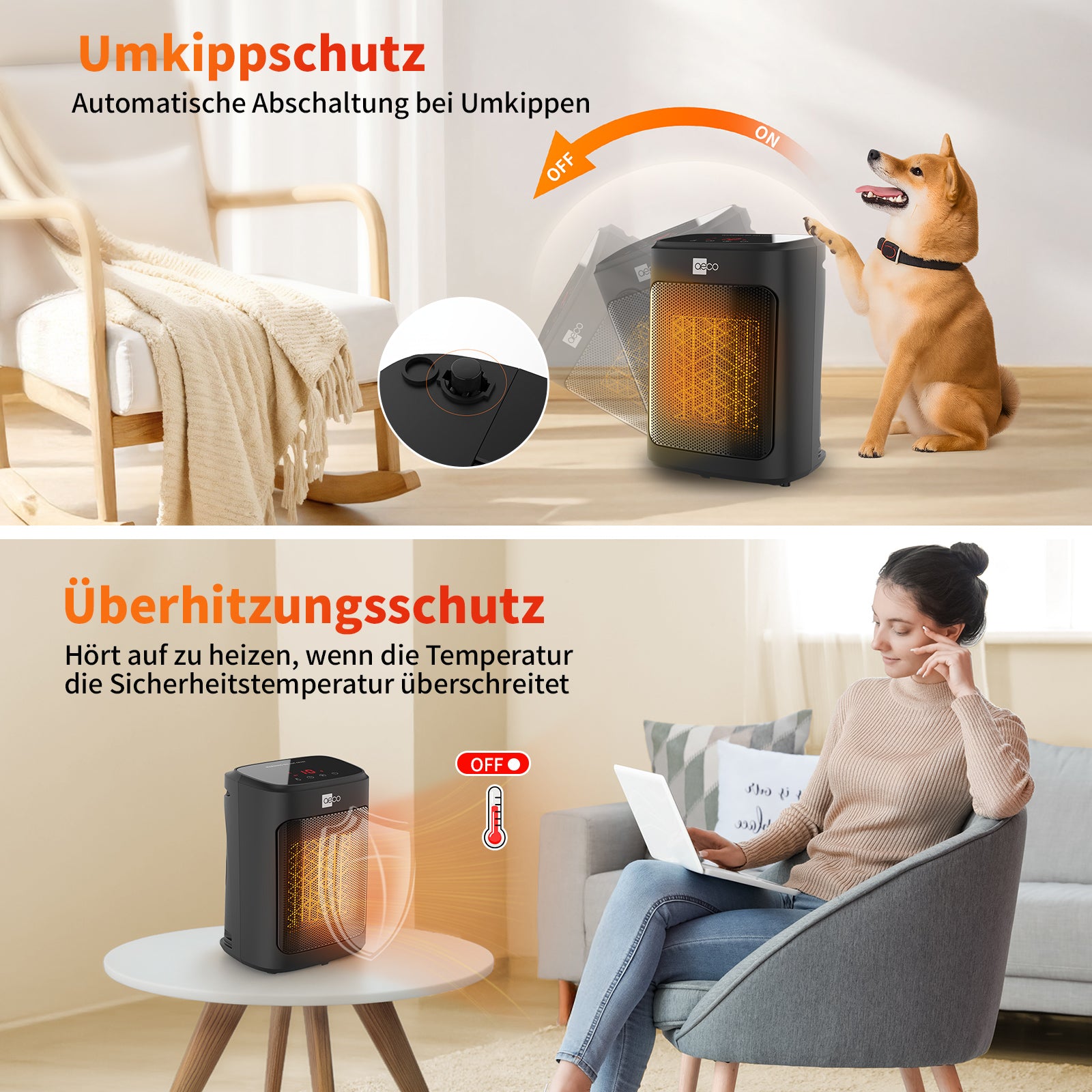 Das Bild zeigt den aeco EcoHeat Core Heizstrahler mit Umkipp- und Überhitzungsschutz, demonstriert durch einen Hund, der den Heizstrahler umkippt, und eine Frau, die ihn in der Nähe eines Stuhls benutzt.