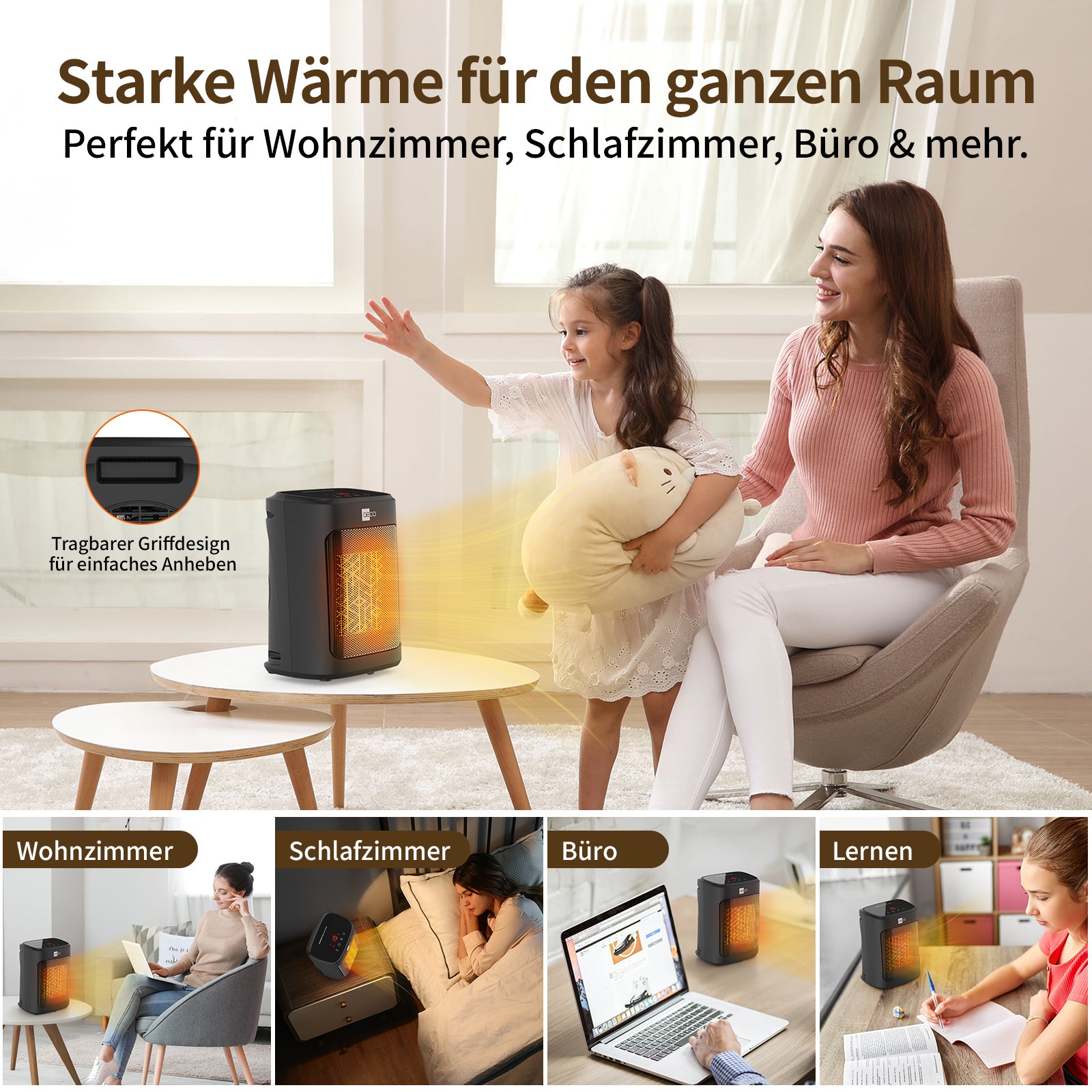 Eine Frau und ein Kind sitzen neben dem tragbaren Heizgerät EcoHeat Core von aeco in einem Wohnzimmer. Andere Bilder zeigen den Einsatz in einem Schlafzimmer, einem Büro und einem Arbeitsbereich. Der deutsche Text hebt seine Eigenschaften hervor.