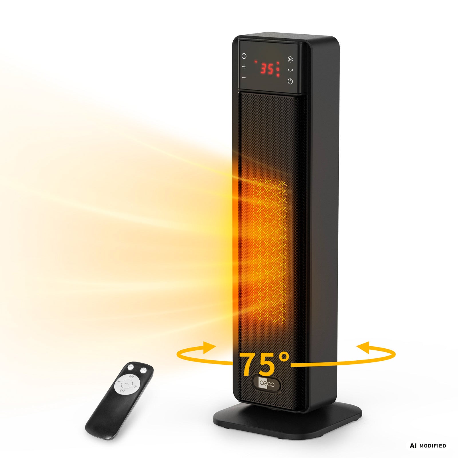 Der aeco EcoHeat Boost Keramik-Heizlüfter mit digitaler Anzeige gibt warme Luft ab und verfügt über eine Schwenkfunktion von 75 Grad. Diese energieeffiziente Heizlösung umfasst eine Fernbedienung, die auf dem Bild vor dem Heizgerät auf dem Boden liegt.
