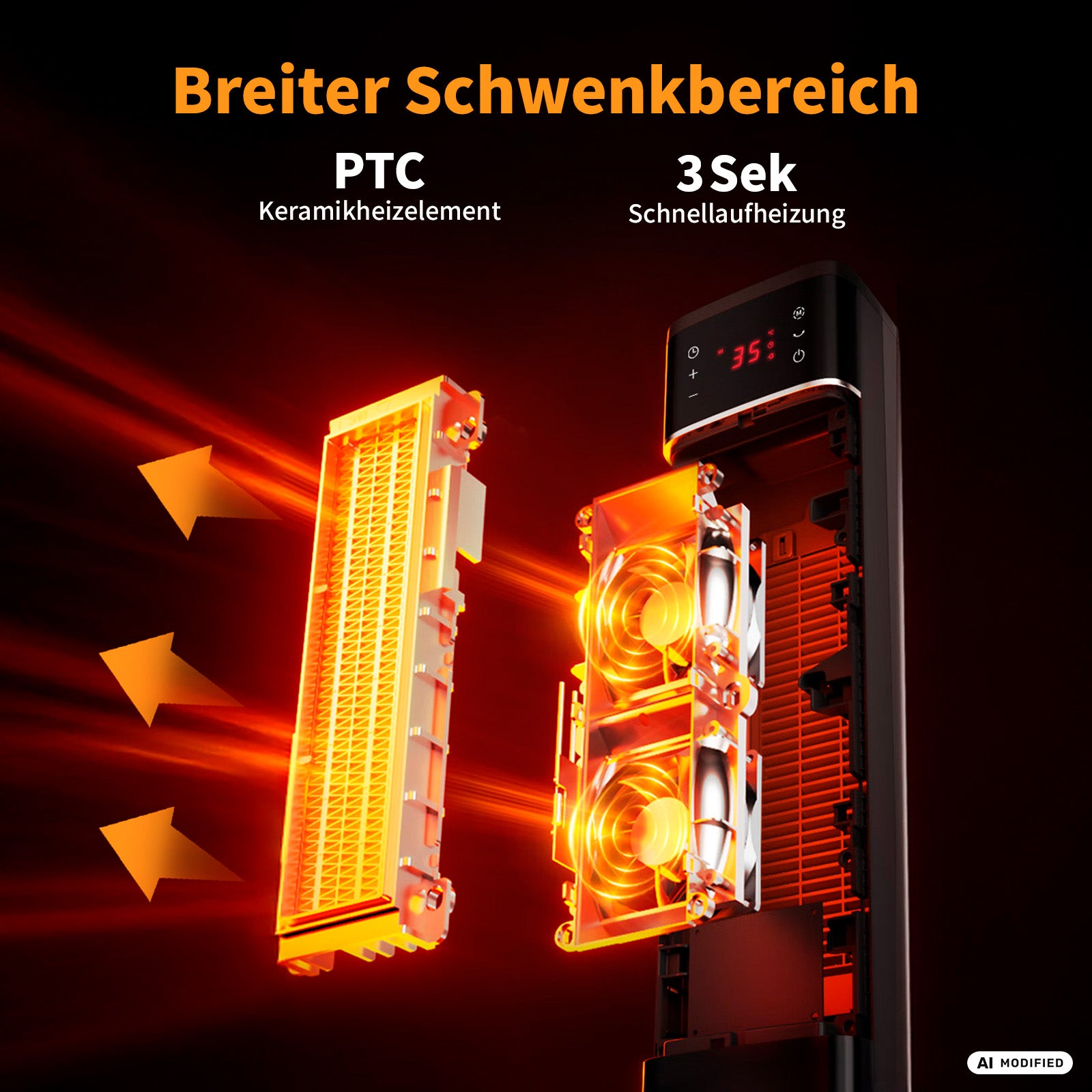 Der „EcoHeat Boost“ von Aeco ist ein schwarzer Keramik-Heizlüfter mit PTC-Keramikheizelement und digitaler Anzeige, der warme Luft abgibt – mit blitzschneller Aufheizung in nur 3 Sekunden, energiesparender Wärme und großem Schwenkbereich. Deutsche Texte erläutern die Funktionen.