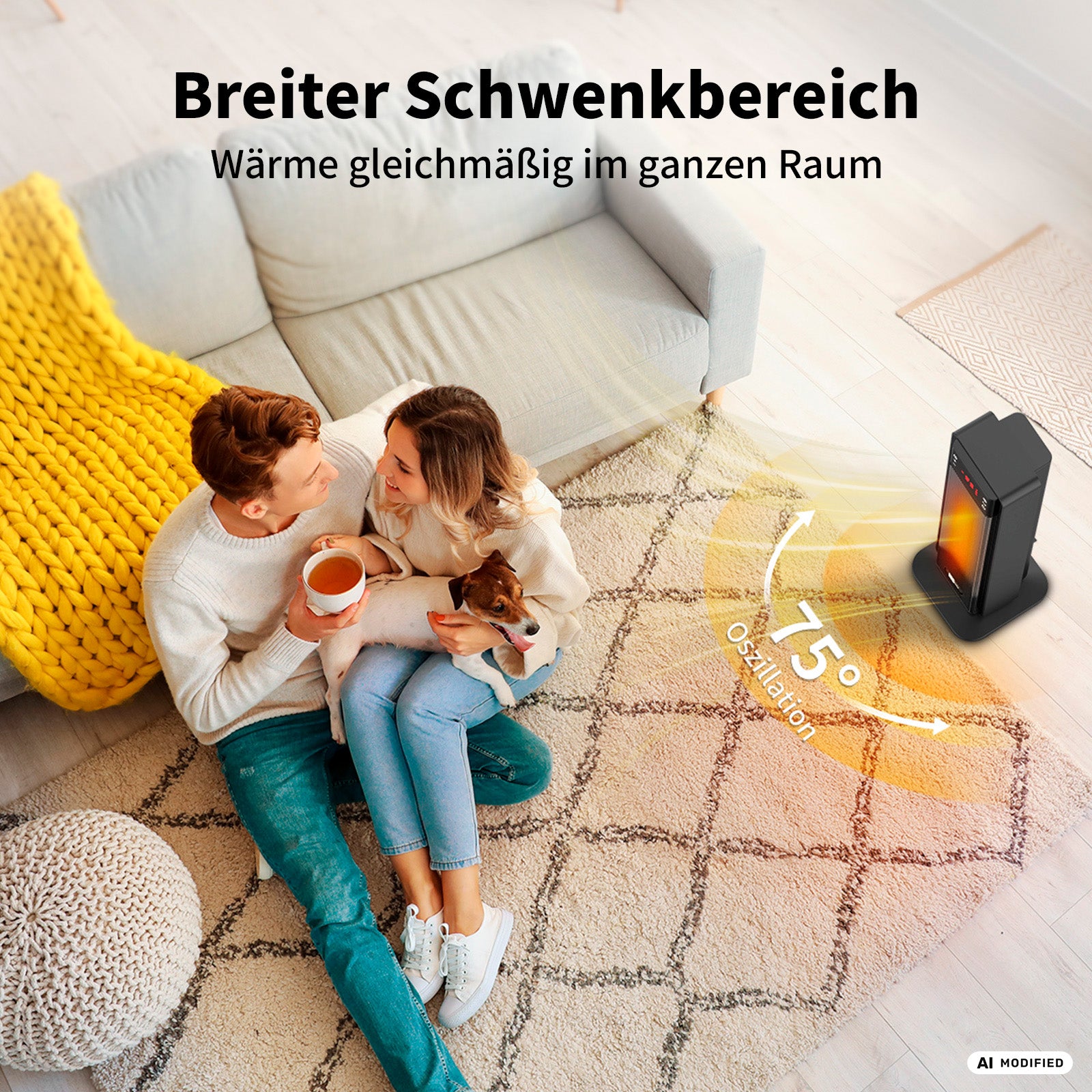 Ein Paar sitzt mit seinem Hund auf einem Teppich neben dem aeco EcoHeat Boost Keramik-Heizlüfter, der seinen Schwenkbereich von 75° zeigt. Der deutsche Text beschreibt den breiten Schwenkbereich und die energiesparende Wärme und hebt hervor, dass diese Heizlösung für Wohnräume gleichmäßige und effiziente Wärme liefert.