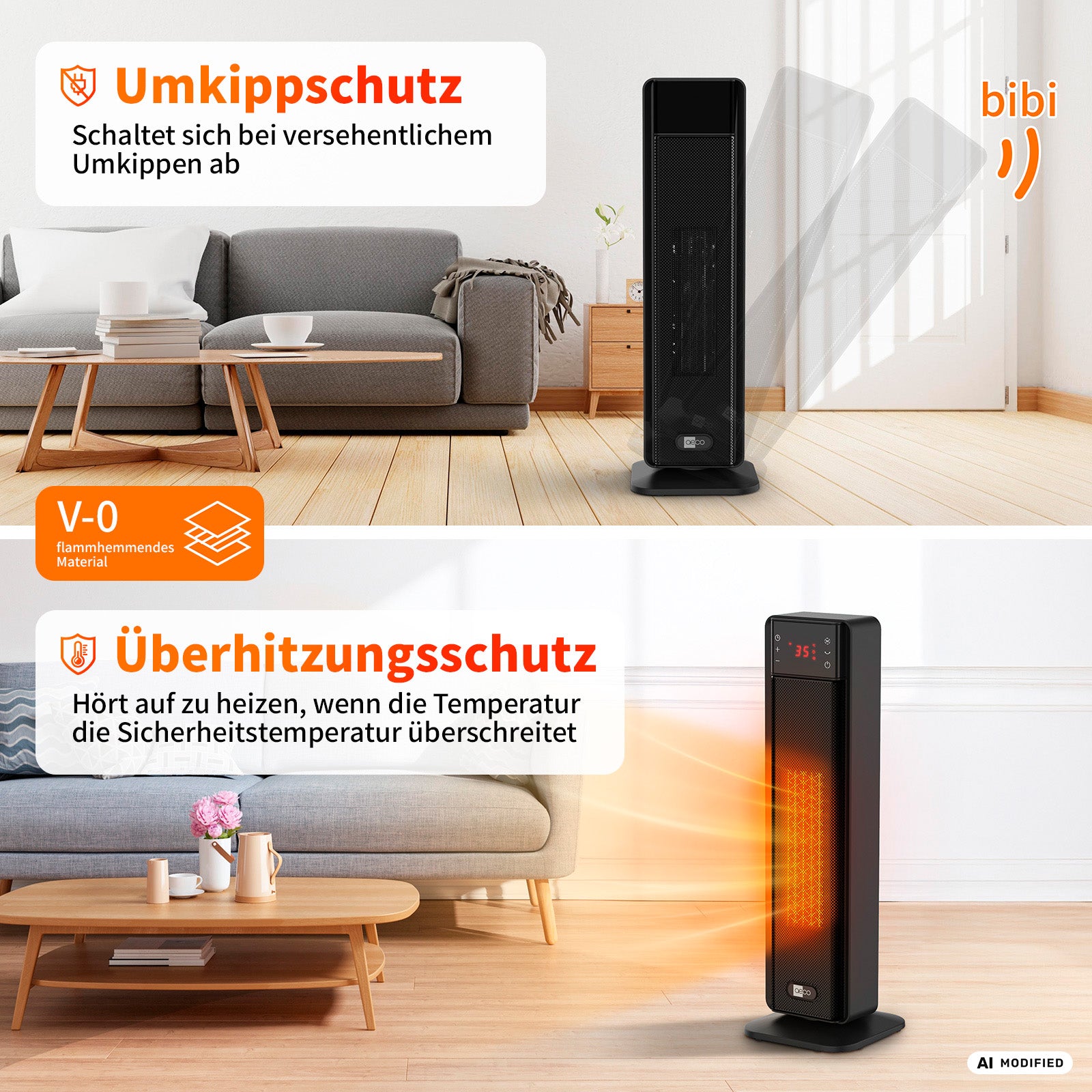 Zwei schwarze aeco EcoHeat Boost-Standheizgeräte in den Wohnzimmern; der Text hebt die energiesparende Wärmeverteilung, das flammhemmende Material der Klasse V-0, den Kippschutz und den Überhitzungsschutz hervor.