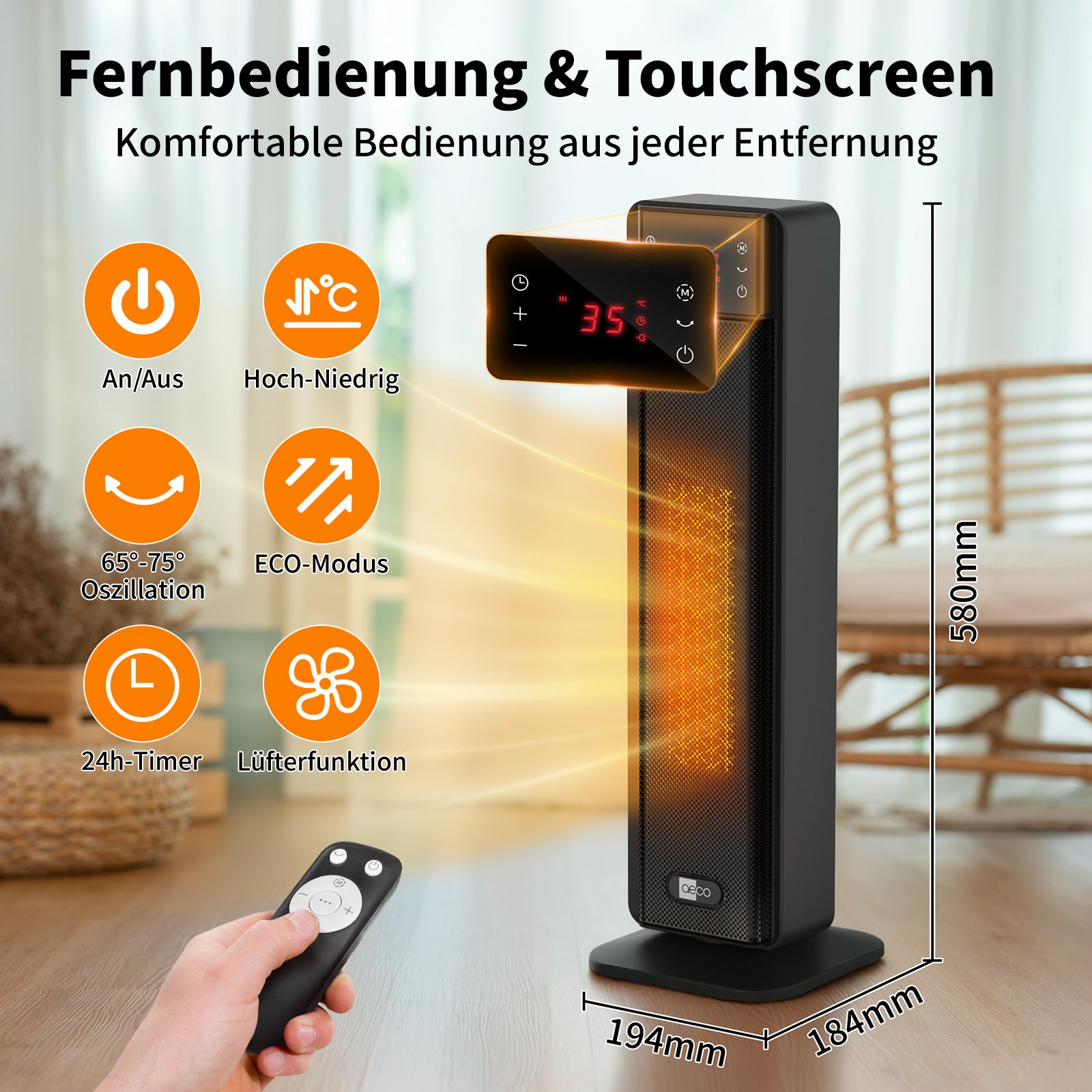 Der aeco EcoHeat Boost, ein schwarzer Keramik-Heizlüfter im Turmdesign mit Digitaldisplay und orangefarbenem Licht, wird gezeigt. Energiespar-Icons sind sichtbar, vorn hält eine Hand die Fernbedienung.