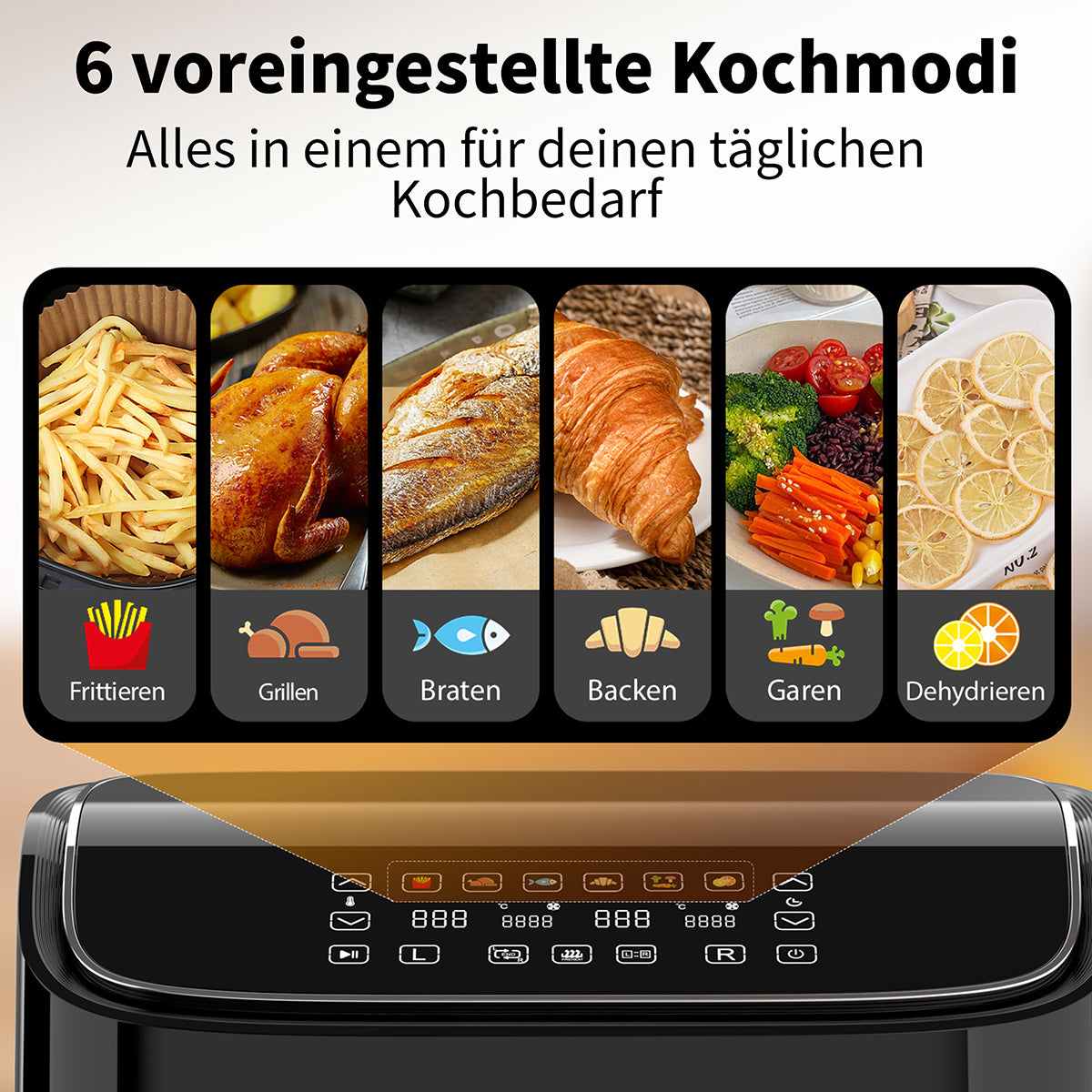 Der DUO Doppelkammer AirFryer 9 Liter von aeco verfügt über ein Display mit sechs voreingestellten Kochmodi - Braten, Grillen, Rösten, Backen, Dämpfen und Dehydrieren -, die jeweils mit Lebensmittelbildern und deutschen Beschreibungen angezeigt werden. Inklusive Koch-SYNC Funktion für synchronisiertes Garen.