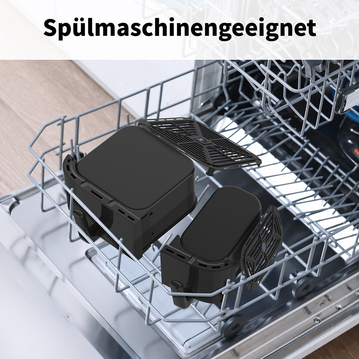 Zwei schwarze aeco DUO Doppelkammer AirFryer 9 Liter Behälter sind im unteren Fach einer offenen Spülmaschine abgebildet. Der Schriftzug Spülmaschinengeeignet oben hebt ihre Spülmaschinentauglichkeit hervor.