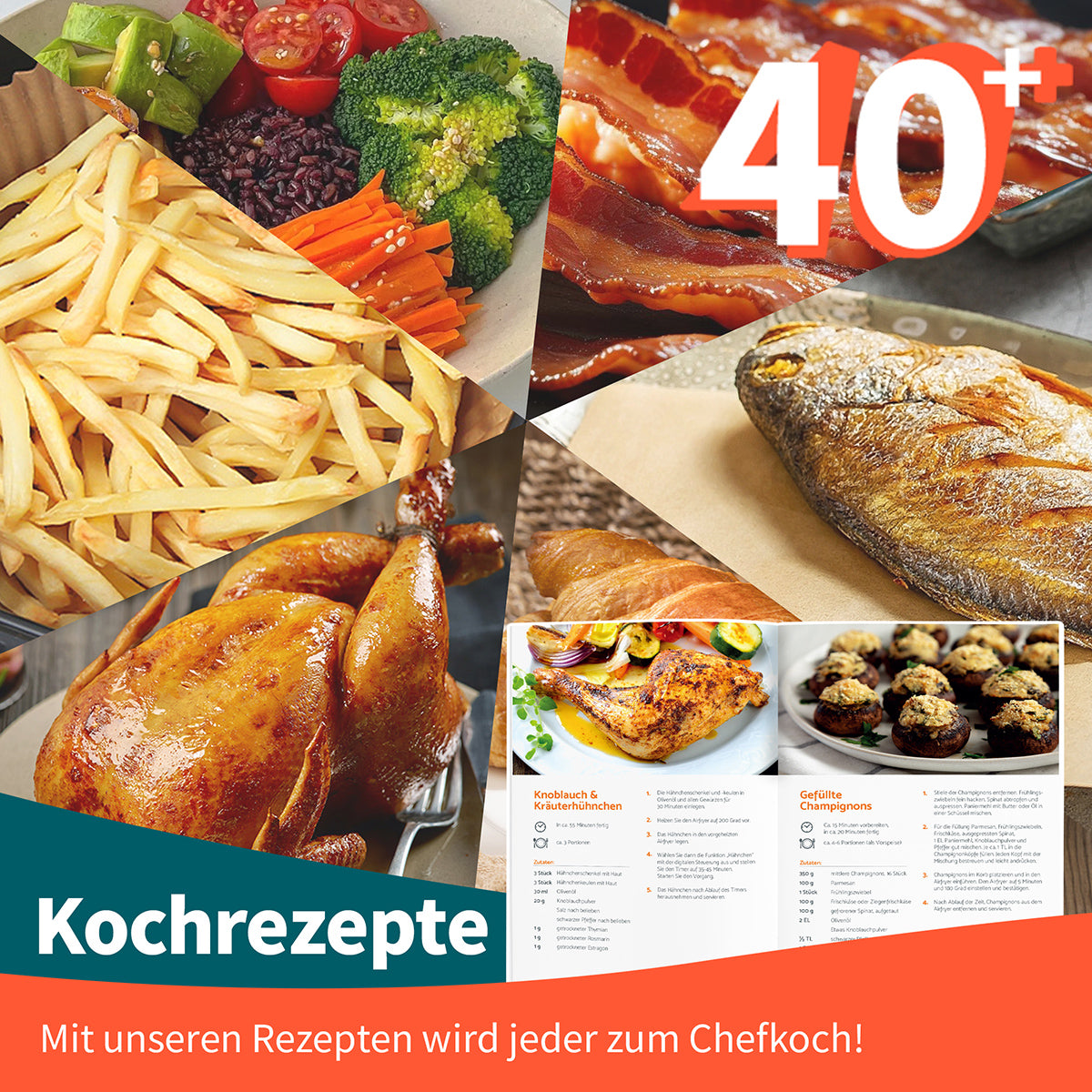 Eine Collage zeigt gekochten Brokkoli, Pommes frites, Speck, ganzen Fisch, gebratenes Huhn, Frikadellen und ein aufgeschlagenes Kochbuch mit "Kochrezepten" und "40+ Mit unseren Rezepten wird jeder zum Chefkoch!" - ideal für den aeco DUO Doppelkammer AirFryer 9 Liter.