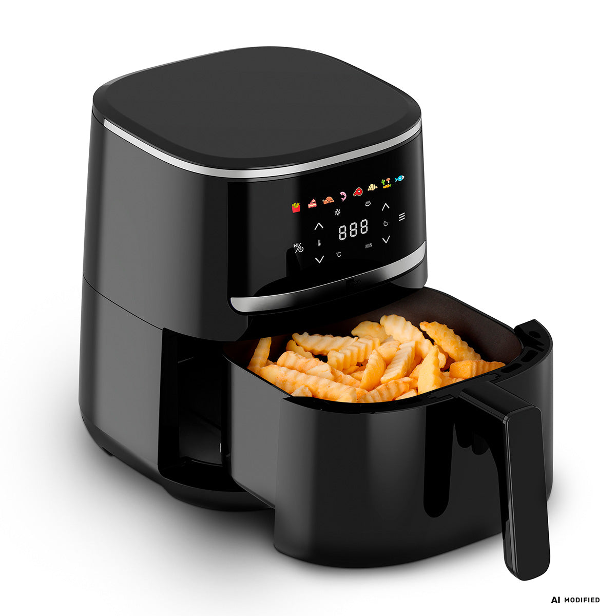 Eine elegante schwarze aeco Compact Airfryer mit 4,3 Litern Fassungsvermögen und digitalem Display, deren offener Korb mit wellig geschnittenen Pommes frites gefüllt ist.