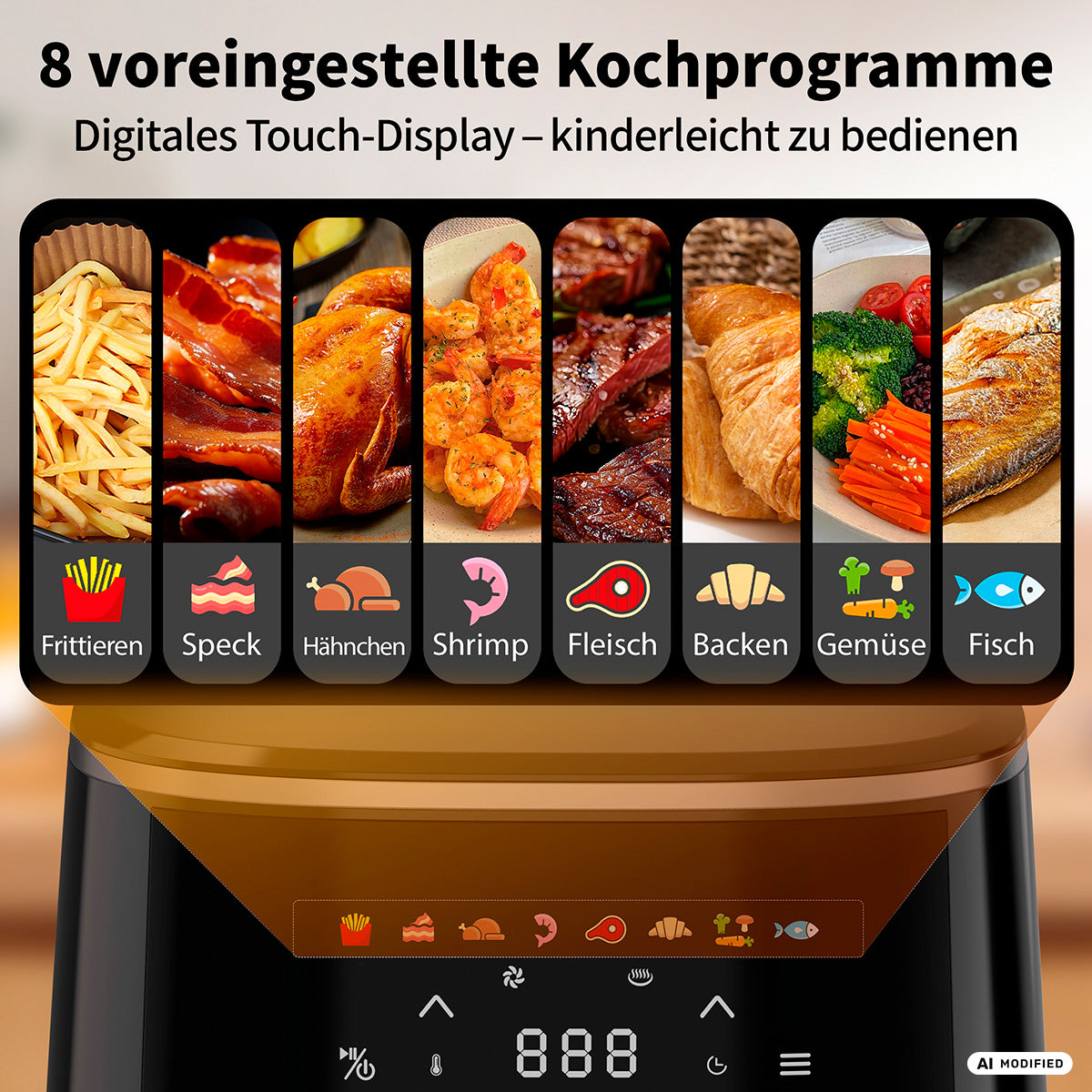 Der aeco Compact Airfryer 4,3 Liter verfügt über ein digitales Touch-Display mit 8 voreingestellten Garprogrammen – darunter „Frittieren“, „Speck“, „Hähnchen“, „Garnelen“, „Fleisch“, „Backen“, „Gemüse“ und „Fisch“ –, die jeweils mit anschaulichen Bildern der jeweiligen Speisen über den Tasten versehen sind. Dank der innovativen Heißluftzirkulationstechnologie sorgt dieser vielseitige Multikocher für effiziente und gesunde Garergebnisse.