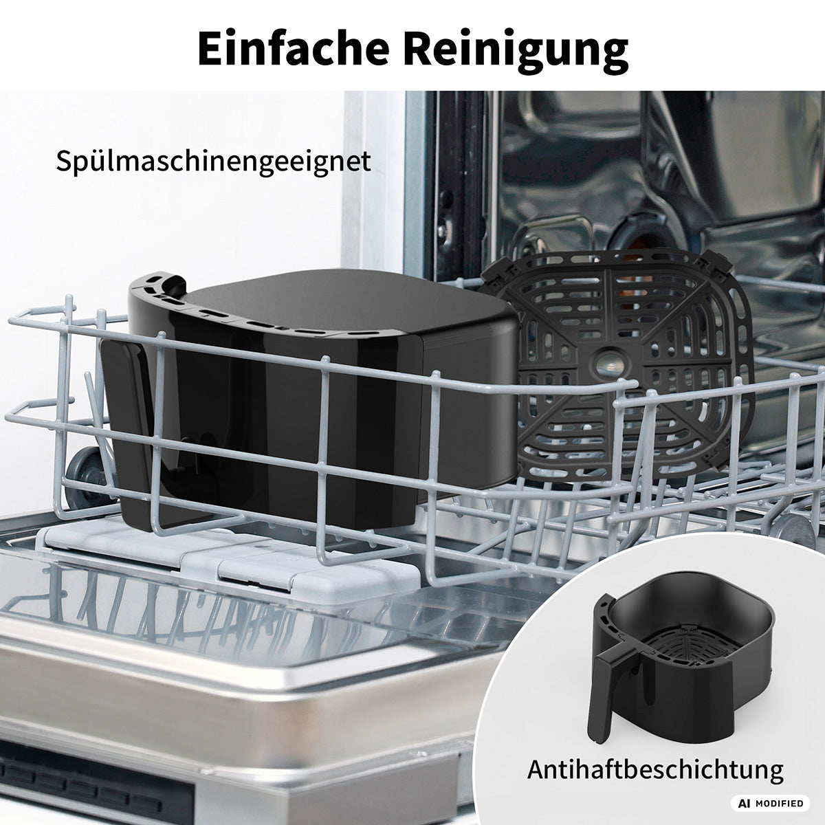 Ein schwarzes Küchenzubehör, das mit dem aeco Compact Airfryer 4,3 Liter und den Multikocher-Geräten kompatibel ist, wird in einem Geschirrspülkorb abgebildet. Ein eingefügtes Bild zeigt die Antihaftbeschichtung, während ein deutscher Text die einfache Reinigung und die Spülmaschinenfestigkeit hervorhebt.
