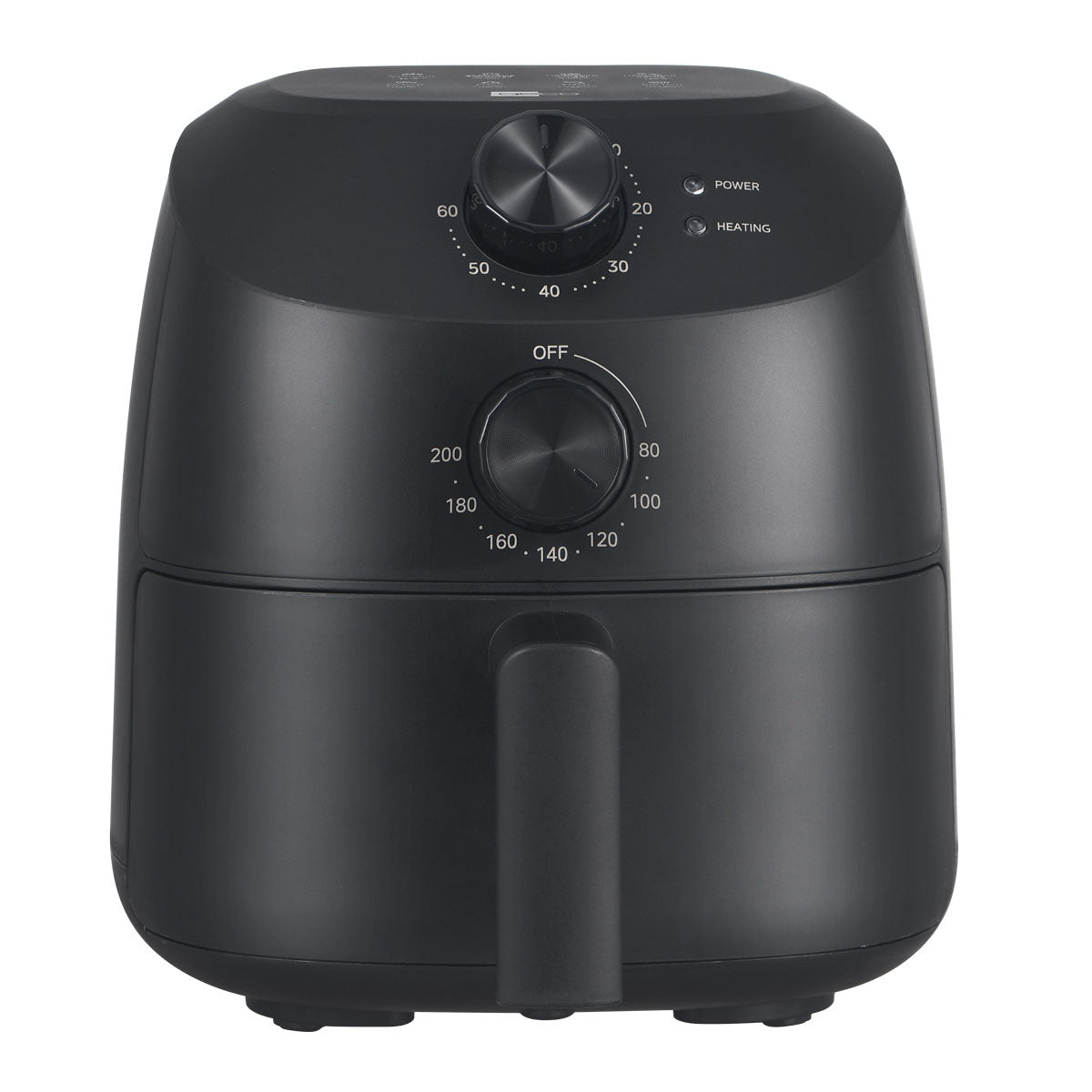 Der aeco Cube 2.0 Airfryer 2 Liter in Schwarz verfügt über zwei Drehregler für Temperatur und Timer, Kontrollleuchten für Leistung und Heizung auf der Oberseite und ein kompaktes Design, das in jede Küche passt.