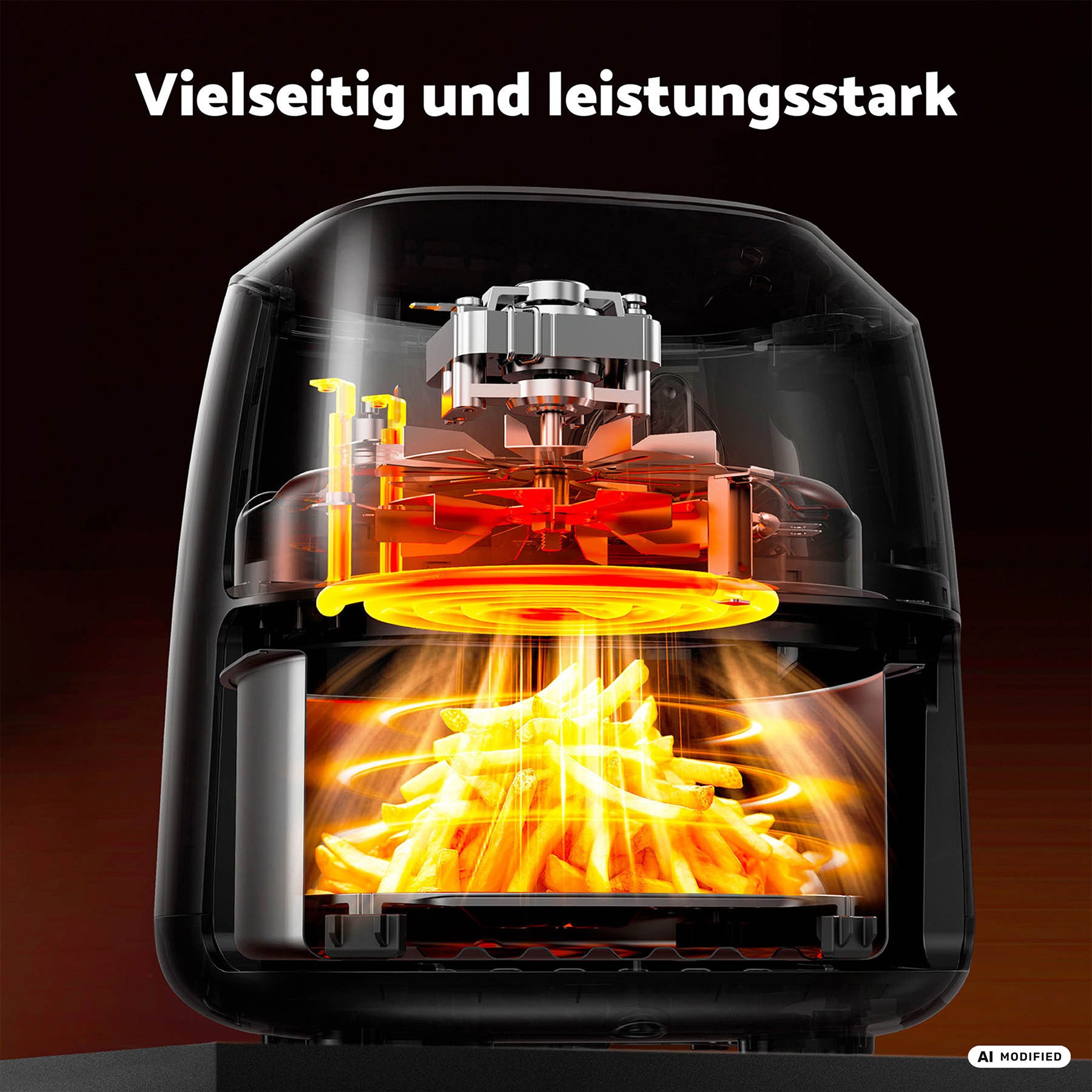 Schnittansicht einer schwarzen Aeco Cube 2.0 Airfryer mit 2 Litern Fassungsvermögen beim Zubereiten von Pommes frites, die die inneren Heiz- und Luftströmungsmechanismen zeigt. Der deutsche Text darüber lautet: „Vielseitig und leistungsstark.“.