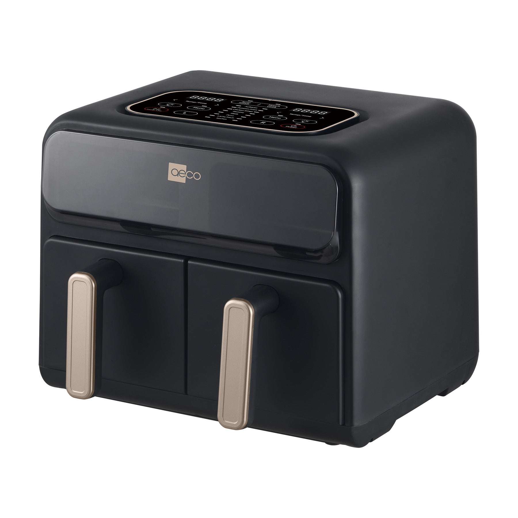 Die aeco FryQ ELITE Duo XL8 Heißluftfritteuse ist eine elegante, schwarze Heißluftfritteuse mit zwei Kammern, einem oben angebrachten Touch-Display, zwei herausziehbaren Einschüben mit Metallgriffen und einem beeindruckenden Fassungsvermögen von 8 Litern. Mit einer leistungsstarken Leistung von 2400 W, der Dual-Zone-Technologie mit Sync-Funktion und praktischen Sichtfenstern eignet sie sich perfekt für die vielseitige Zubereitung von Mahlzeiten für die ganze Familie.