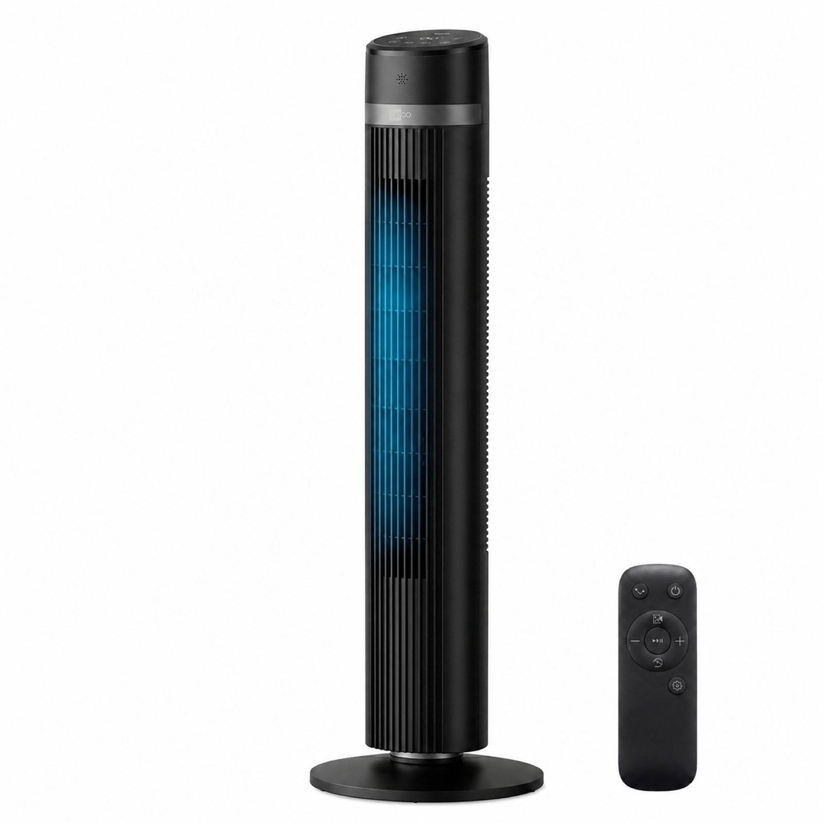 Der aeco AirX ZEN - Turmventilator, ein schwarzer Turmventilator mit einem blau beleuchteten Mittelteil, steht aufrecht neben seiner schwarzen Fernbedienung auf weißem Hintergrund.
