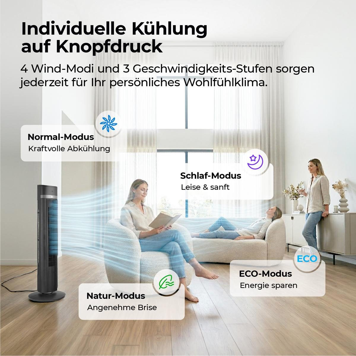 Eine Frau und ein Kind entspannen sich in einem modernen Wohnzimmer mit dem aeco AirX ZEN - Turmventilator, der über vier Kühlmodi verfügt: Normal, Sleep, Nature und ECO für individuellen Komfort.