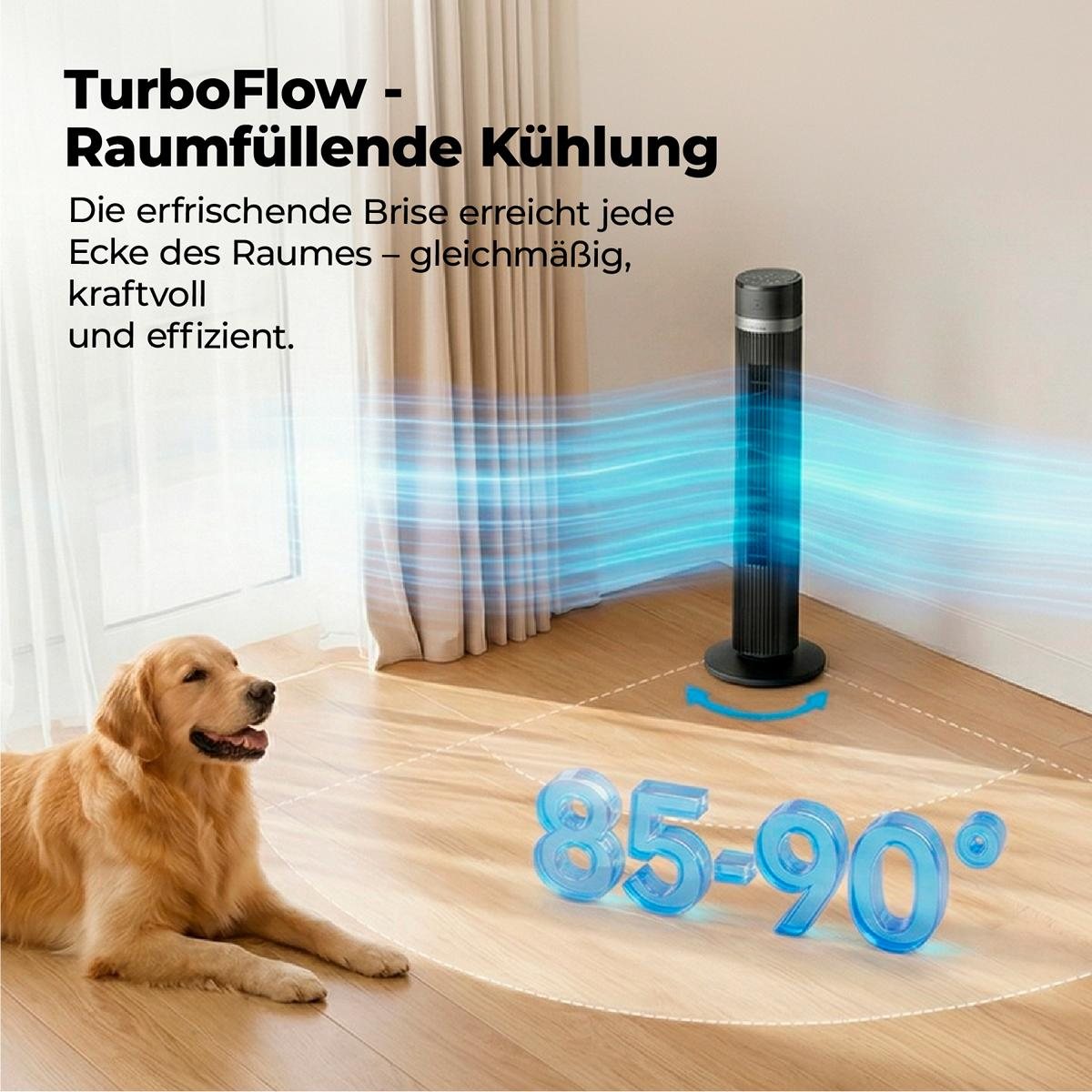 Der aeco AirX ZEN - Turmventilator verteilt die kühle Luft effizient in einem Winkel von 85-90° und sorgt so für ein angenehmes Raumklima - auch für Haustiere, die sich auf dem Boden räkeln.