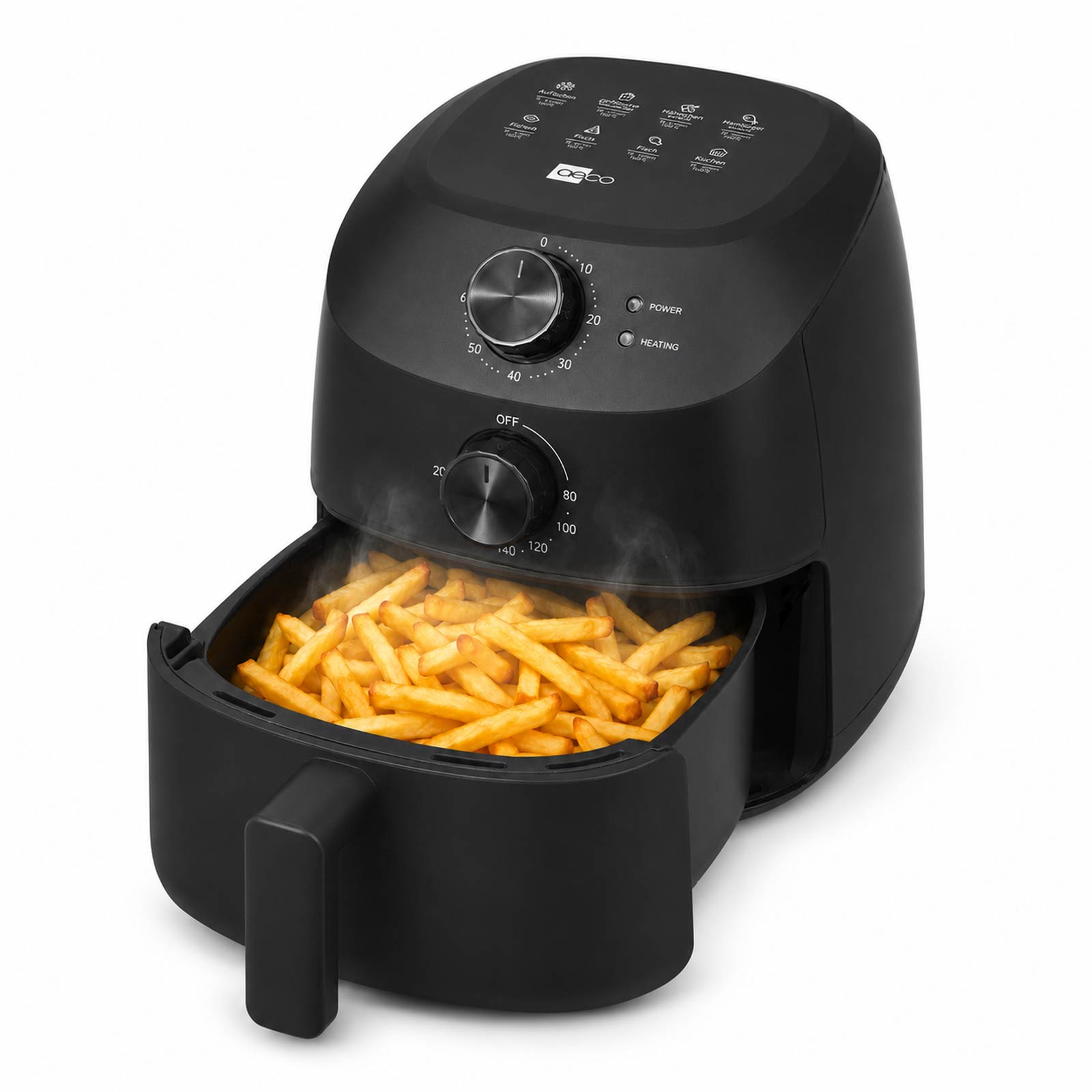 Eine schwarze Heißluftfritteuse im kompakten Design, wie die aeco Cube 2.0 Airfryer 2 Liter, wird mit geöffnetem Korb gezeigt, in dem heiße, knusprige Pommes frites liegen. Sichtbarer Dampf steigt von den frisch zubereiteten Pommes auf.