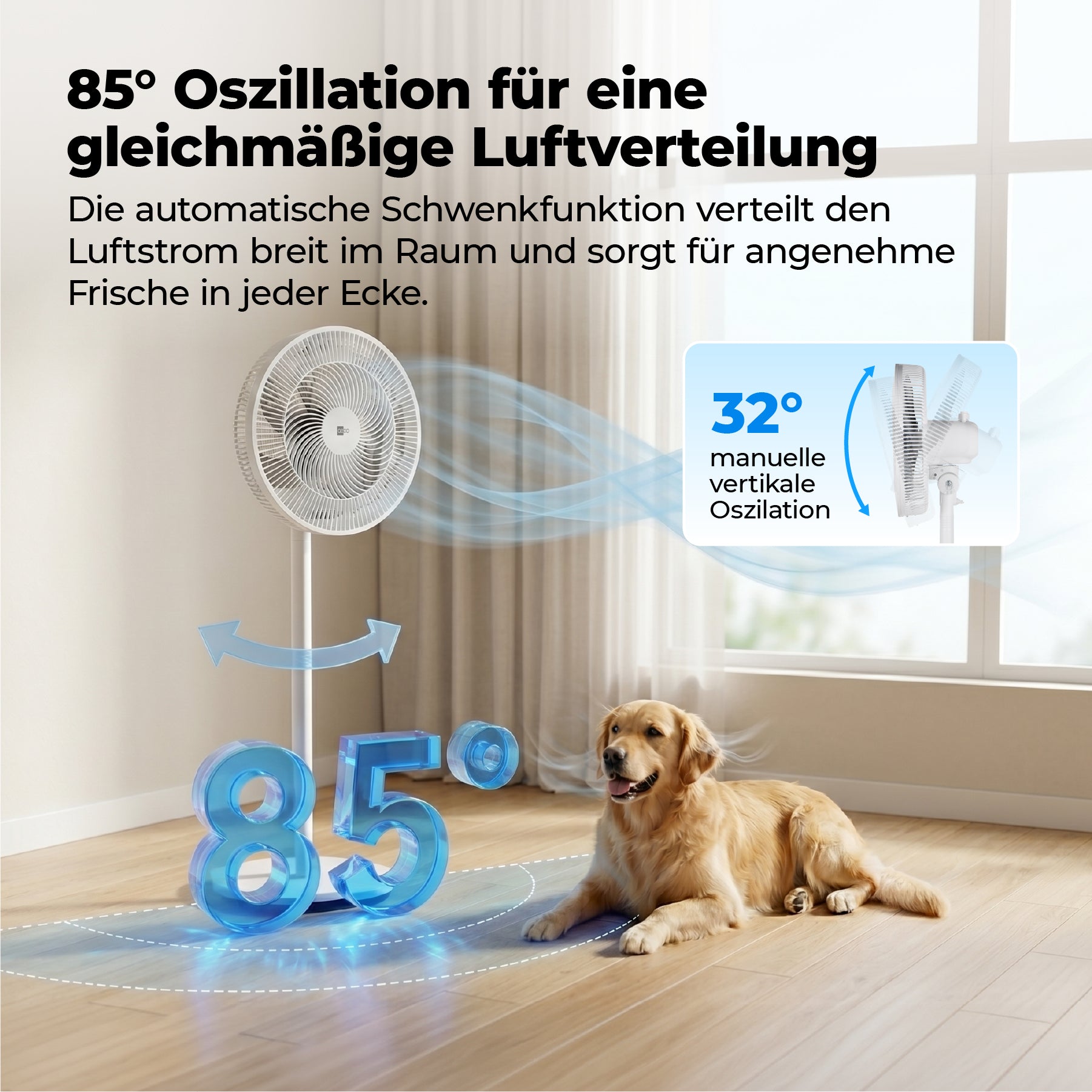 Der AirX Flow 100 - 2in1 Leiser Standventilator von aeco sorgt mit 85°-Oszillation für optimale Luftzirkulation neben einem Golden Retriever am Boden. Grafiken heben die Luftströmung und Oszillationsfunktionen hervor.