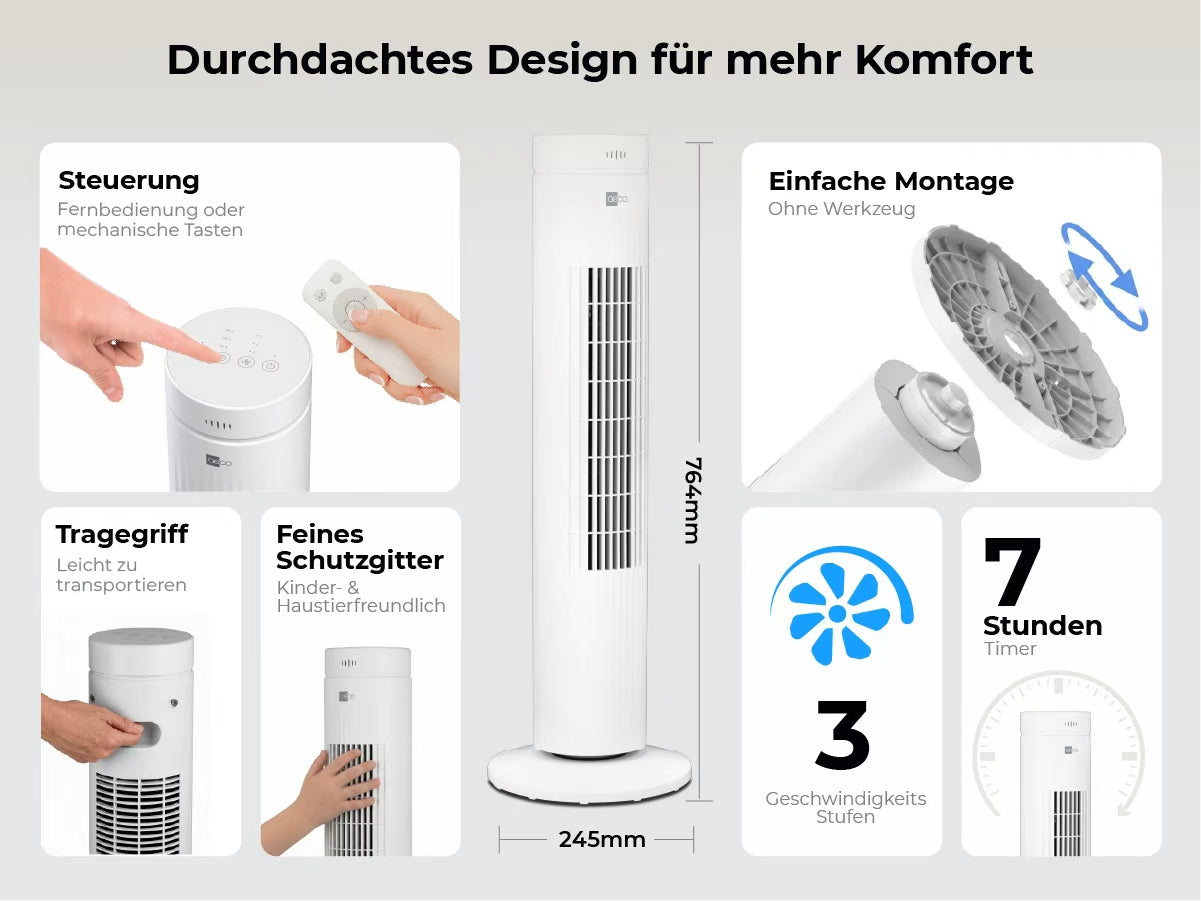 Der aeco AirX SPIN Turmventilator verfügt über ein weißes Turmdesign, Bedientasten, eine Fernbedienung, einen Tragegriff, ein Schutzgitter, eine einfach zu montierende Basis, 3 Geschwindigkeiten und einen 7-Stunden-Timer. Abmessungen: 764mm x 245mm.