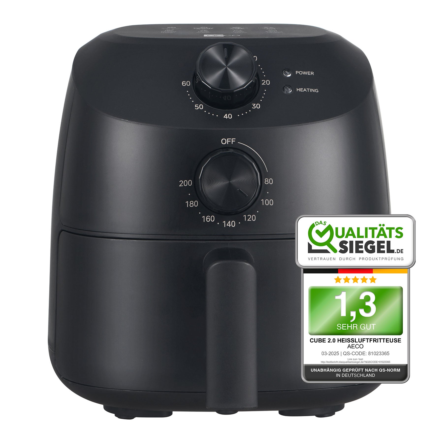 Der schwarze aeco Cube 2.0 Airfryer 2 Liter verfügt über Drehregler an der Vorderseite, Antihaftbeschichtung, Leistungs- und Heizungsanzeige sowie ein Qualitätssiegel mit der Note 1,3.