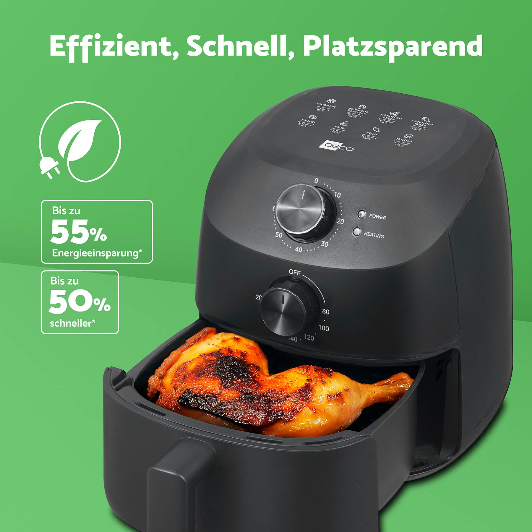 Ein schwarzer aeco Cube 2.0 Airfryer 2 Liter mit Antihaftbeschichtung und gegartem Hähnchen im Inneren, abgebildet auf einem grünen Hintergrund mit deutschem Text, der Effizienz, Geschwindigkeit und Energieeinsparung betont.