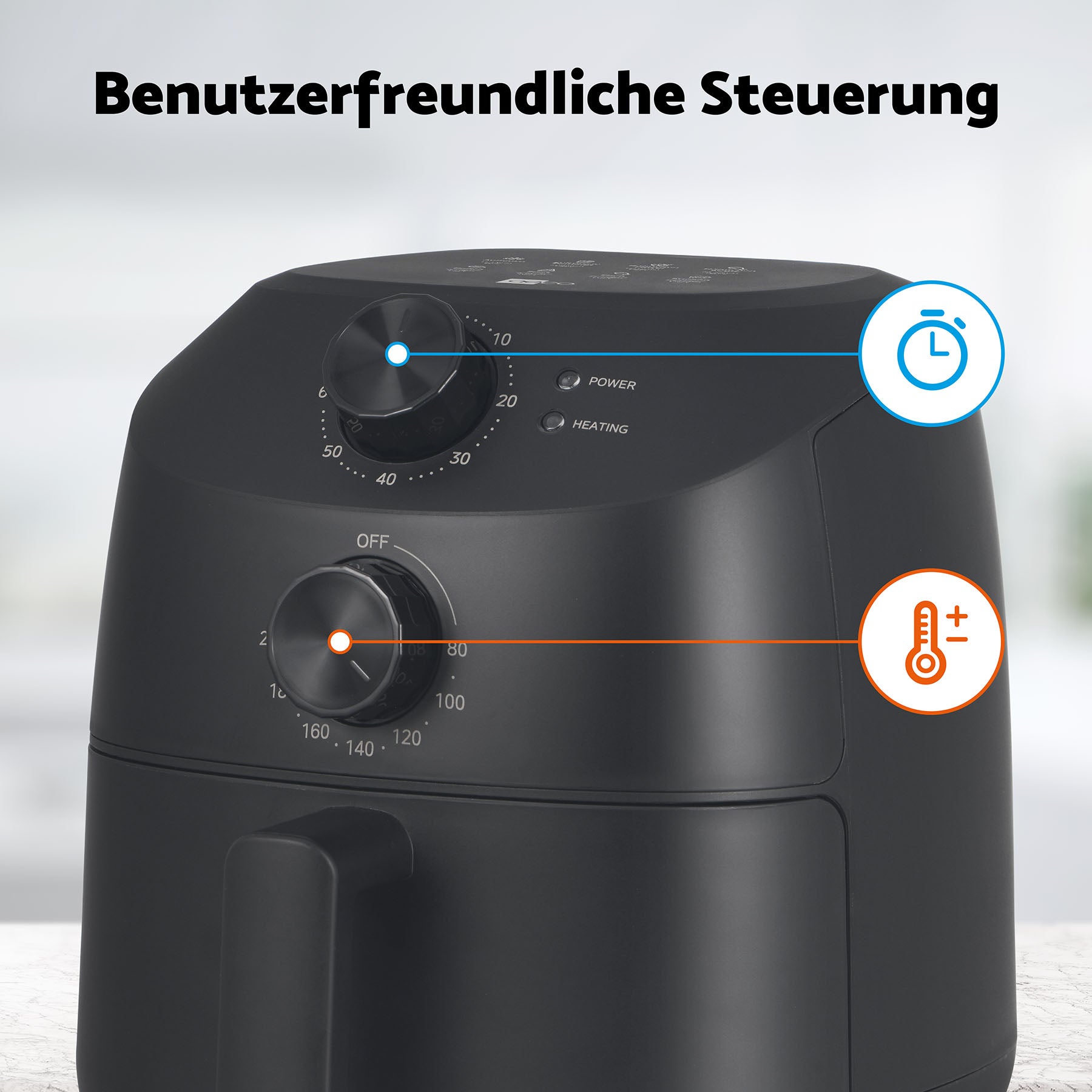 Nahaufnahme des schwarzen aeco Cube 2.0 Airfryer 2 Liter mit beschrifteten Timer- und Temperaturknöpfen. Deutscher Text oben: Benutzerfreundliche Steuerung (User-friendly controls). Ein kompaktes Gerät für müheloses Kochen.
